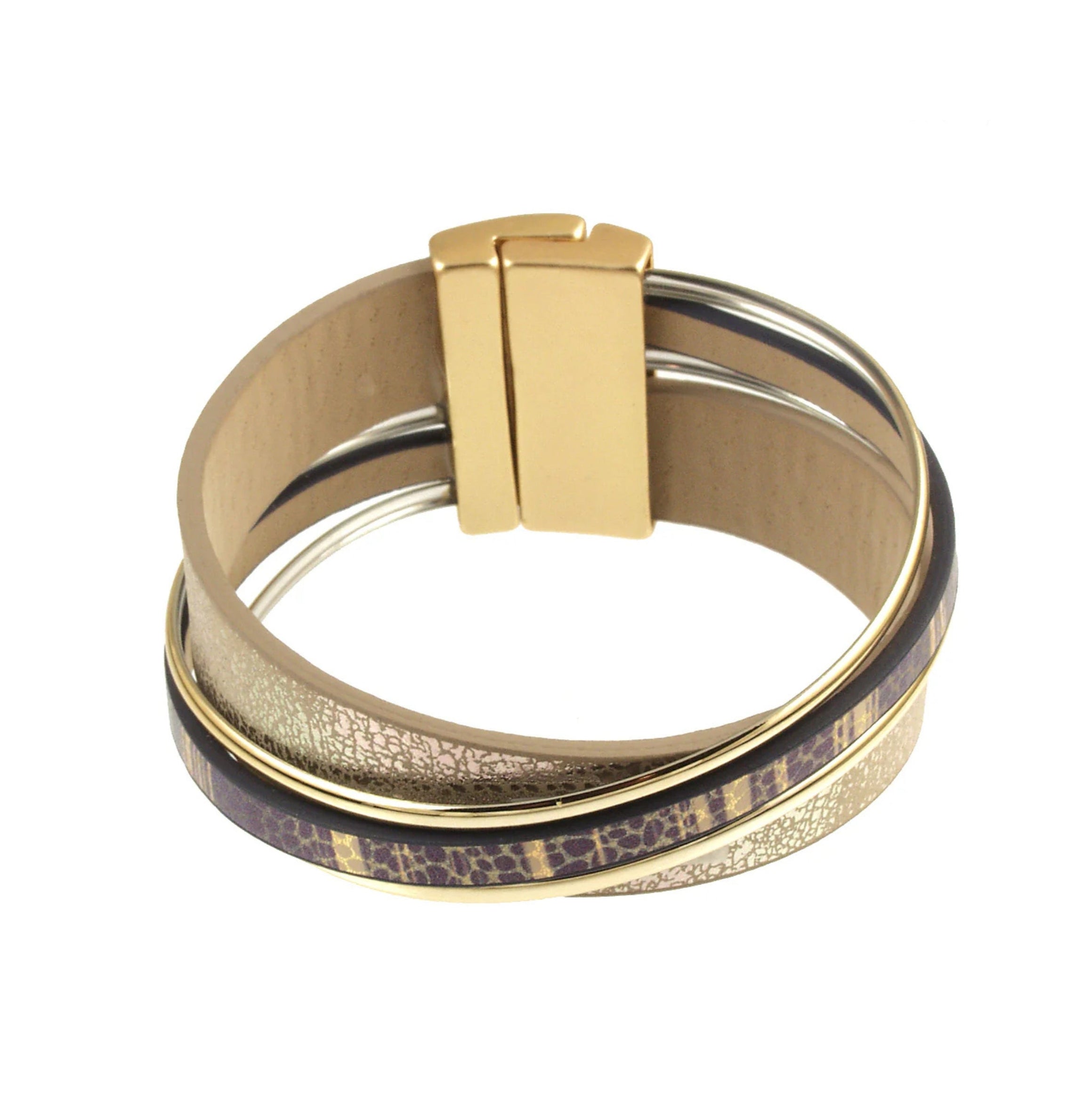 The Origin Light Matte Gold & Navy Blue Print Magnetic Bracelet features multiple stylish bands and a rectangular gold clasp.