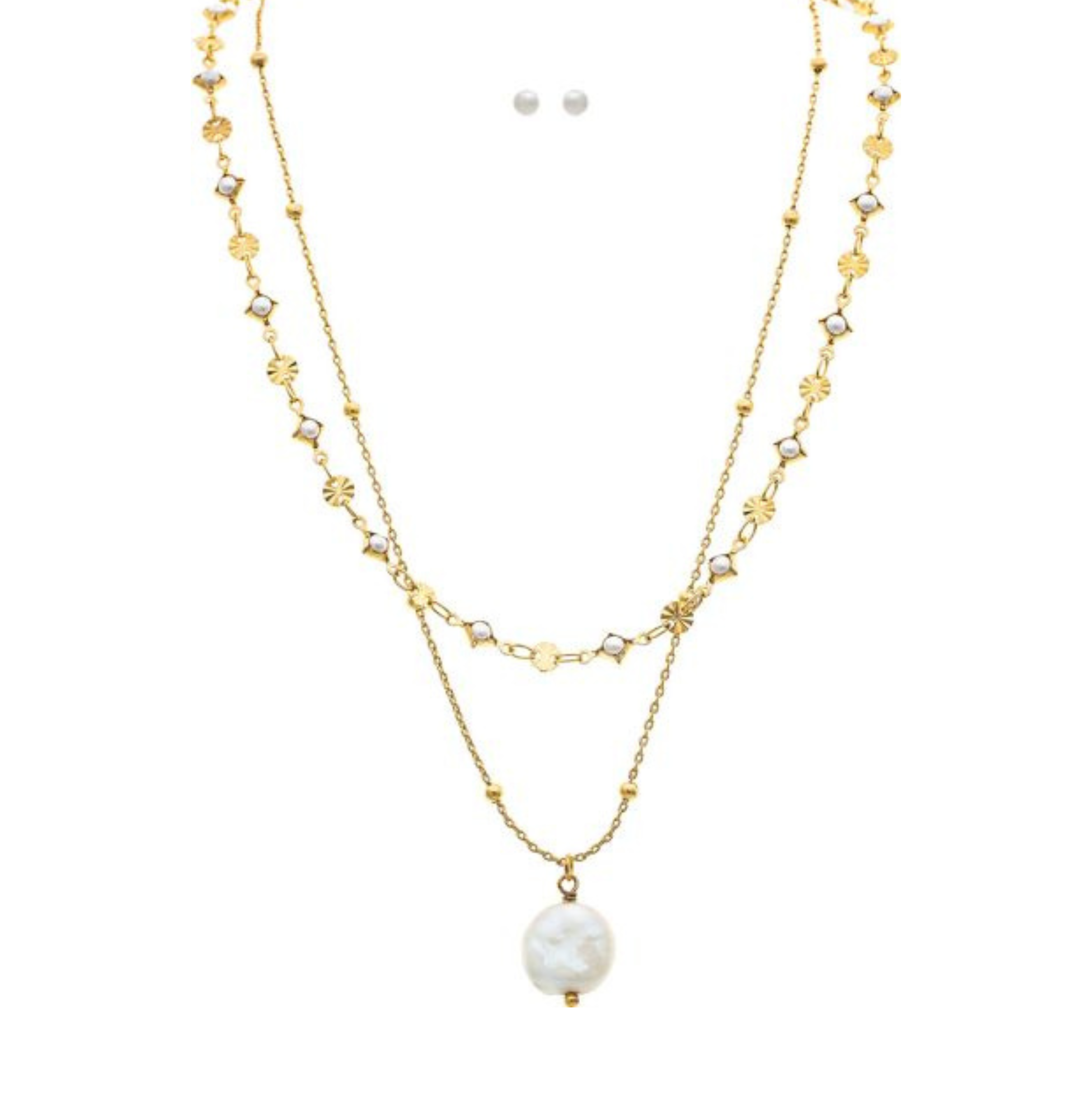The A-Train Gold Layer Chain FWP Coin Drop Necklace Set showcases floral and geometric charms with a standout coin pearl pendant, paired with matching small round pearl stud earrings above the layered chain.