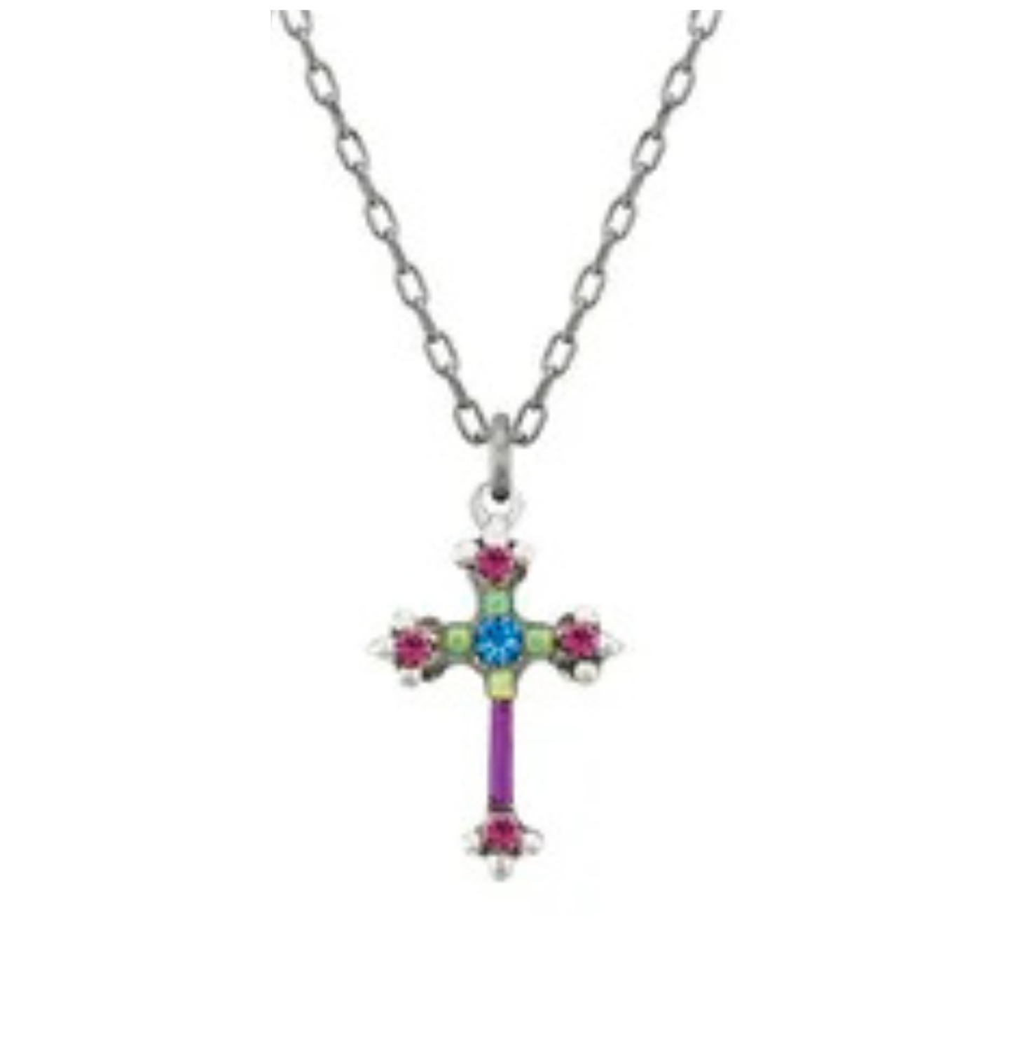 Introducing the Dainty Cross Sapphire Necklace by Firefly, a stunning piece of handmade jewelry featuring a silver chain necklace with a cross pendant adorned with blue, green, and pink gemstones arranged in an elegant decorative pattern.