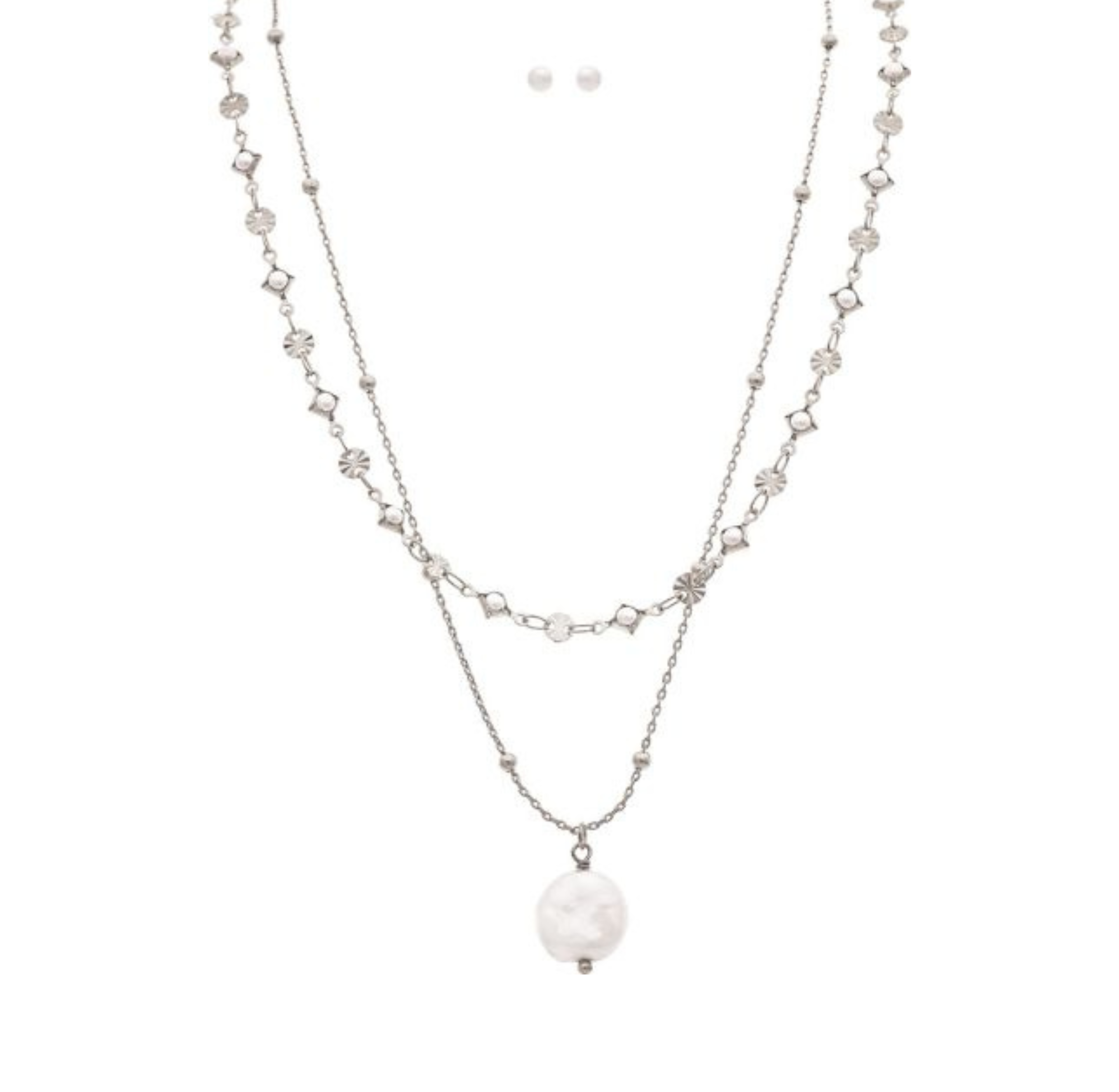 The A-Train Silver Layer Chain FWP Coin Drop Necklace Set features layered silver chains, a round pearl pendant, and matching pearl earrings, all displayed on a white background for an elegant look.