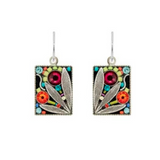 The Luxe Leaf Multi-Color Earrings by Firefly feature a rectangular dangle design with vibrant floral patterns in red, pink, orange, turquoise, and green beads, accented by silver leaf details on a black background. These earrings are beautifully handmade and reflect the artistry of fair-trade jewelry from Firefly.