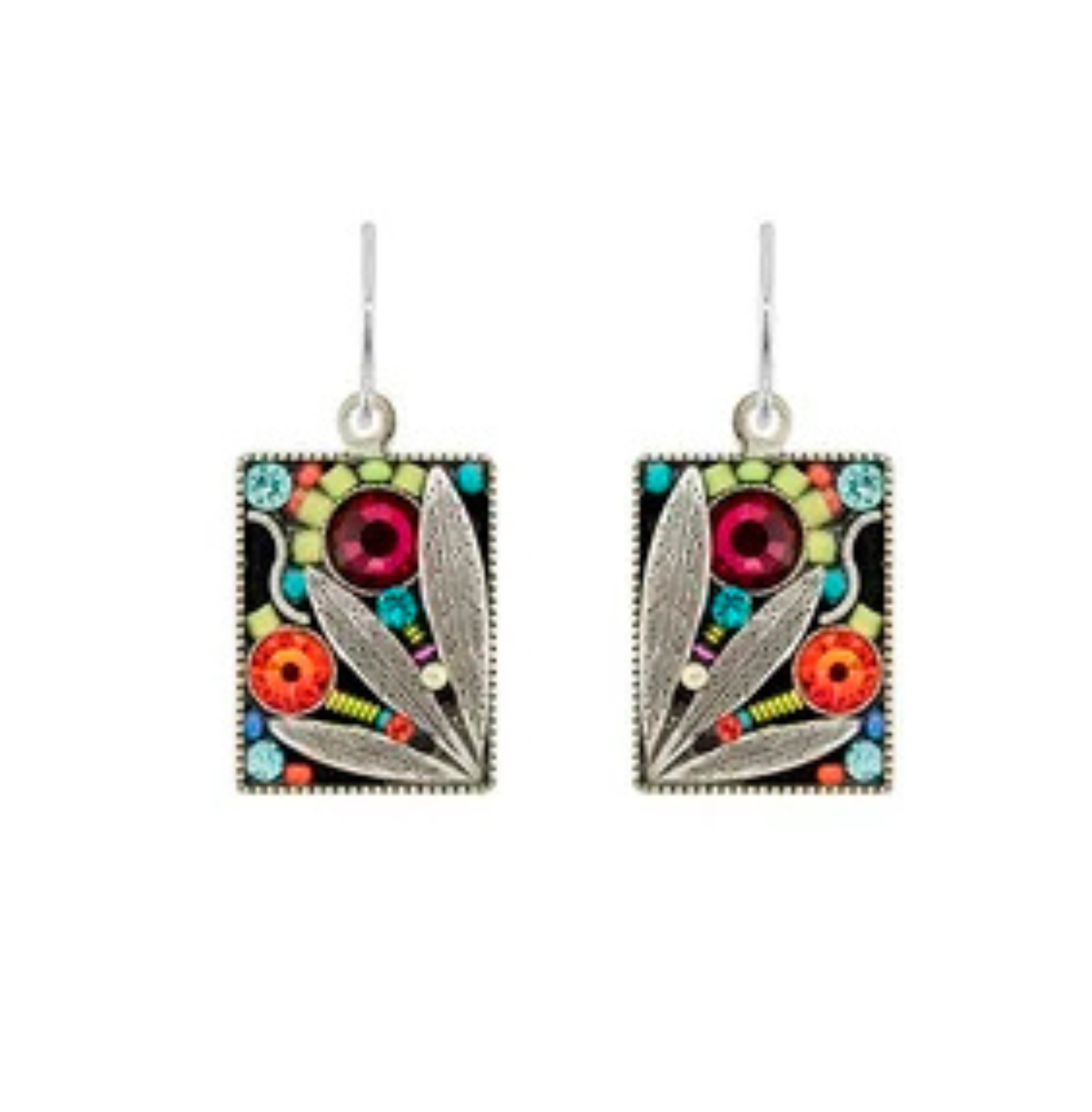 The Luxe Leaf Multi-Color Earrings by Firefly feature a rectangular dangle design with vibrant floral patterns in red, pink, orange, turquoise, and green beads, accented by silver leaf details on a black background. These earrings are beautifully handmade and reflect the artistry of fair-trade jewelry from Firefly.