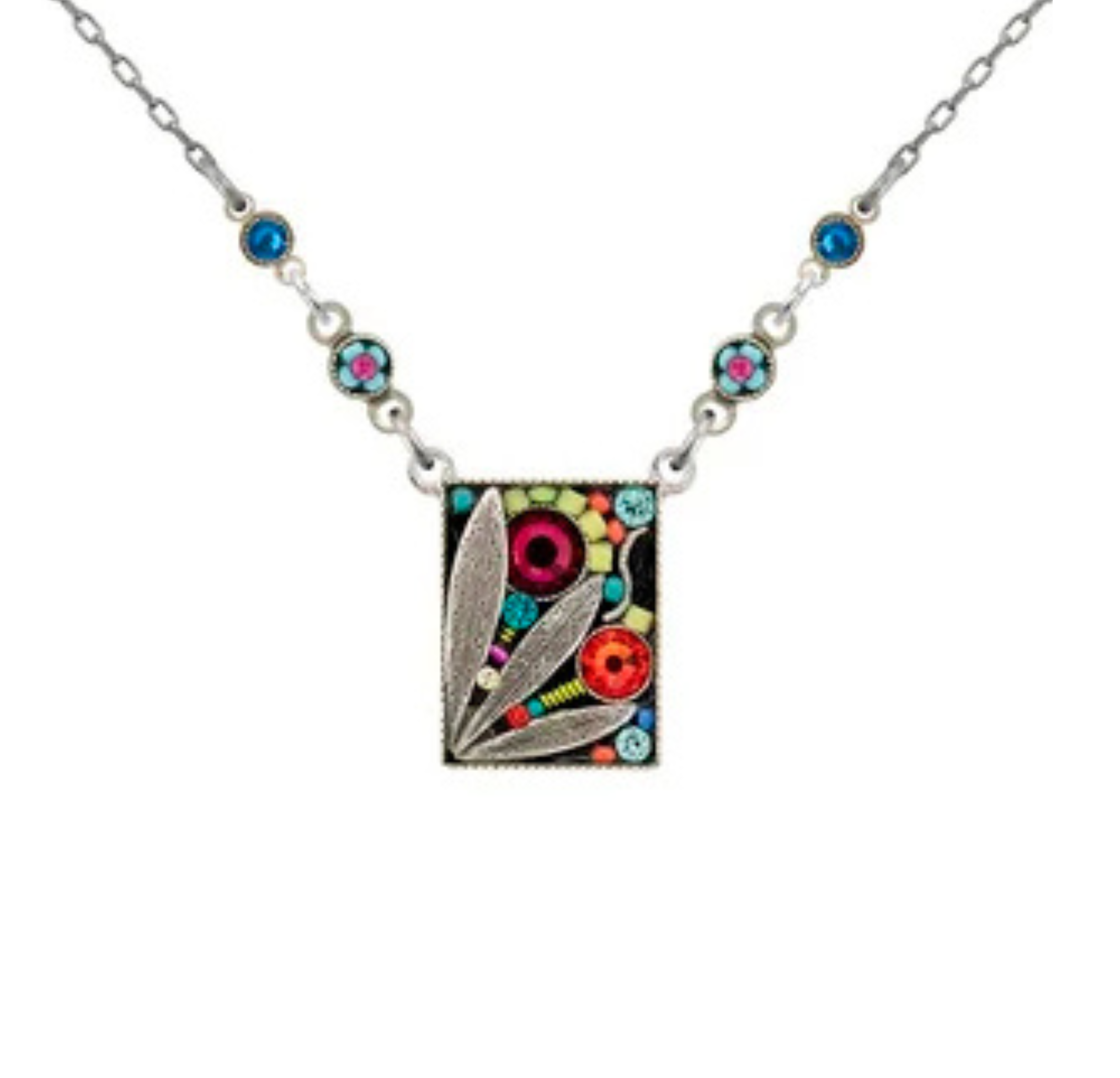 The Botanical Rectangular Pendant Multi-Color Necklace by Firefly features a vibrant array of intricate floral and leaf designs set in a rectangular pendant, suspended from a silver chain detailed with small, round, multicolored links. Handmade by Firefly and crafted through fair-trade practices, this exquisite necklace combines nature-inspired beauty with ethical artistry.