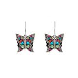 Introducing the Filigree Butterfly Multi-Color Earrings by Firefly—exquisitely handmade jewelry featuring delicate butterfly shapes adorned with vibrant multicolored beads and ornate silver accents. Crafted with care and designed with a practical hook for easy wear, these earrings offer a fair trade flair and artistic sparkle to any outfit.