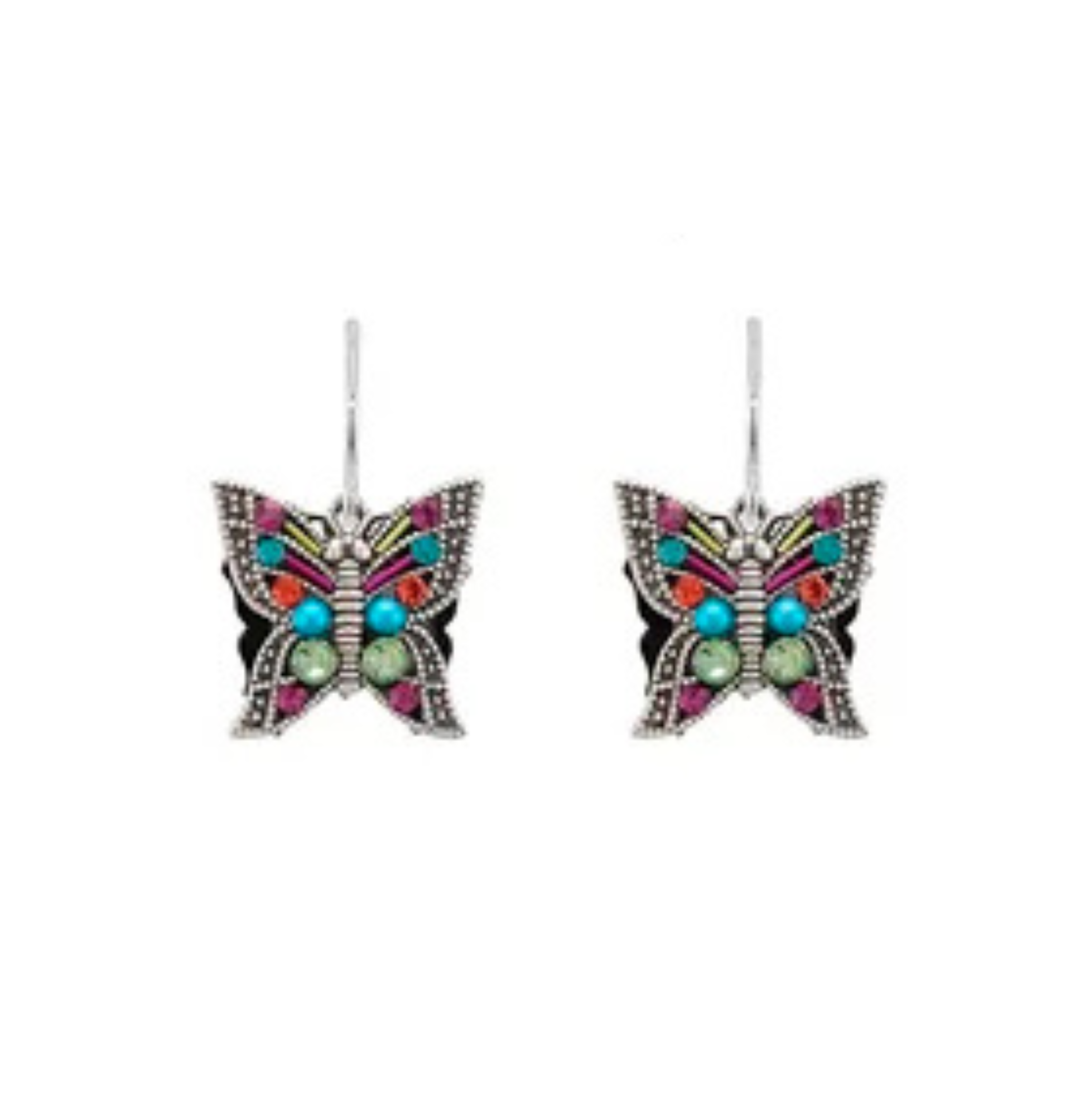 Introducing the Filigree Butterfly Multi-Color Earrings by Firefly—exquisitely handmade jewelry featuring delicate butterfly shapes adorned with vibrant multicolored beads and ornate silver accents. Crafted with care and designed with a practical hook for easy wear, these earrings offer a fair trade flair and artistic sparkle to any outfit.