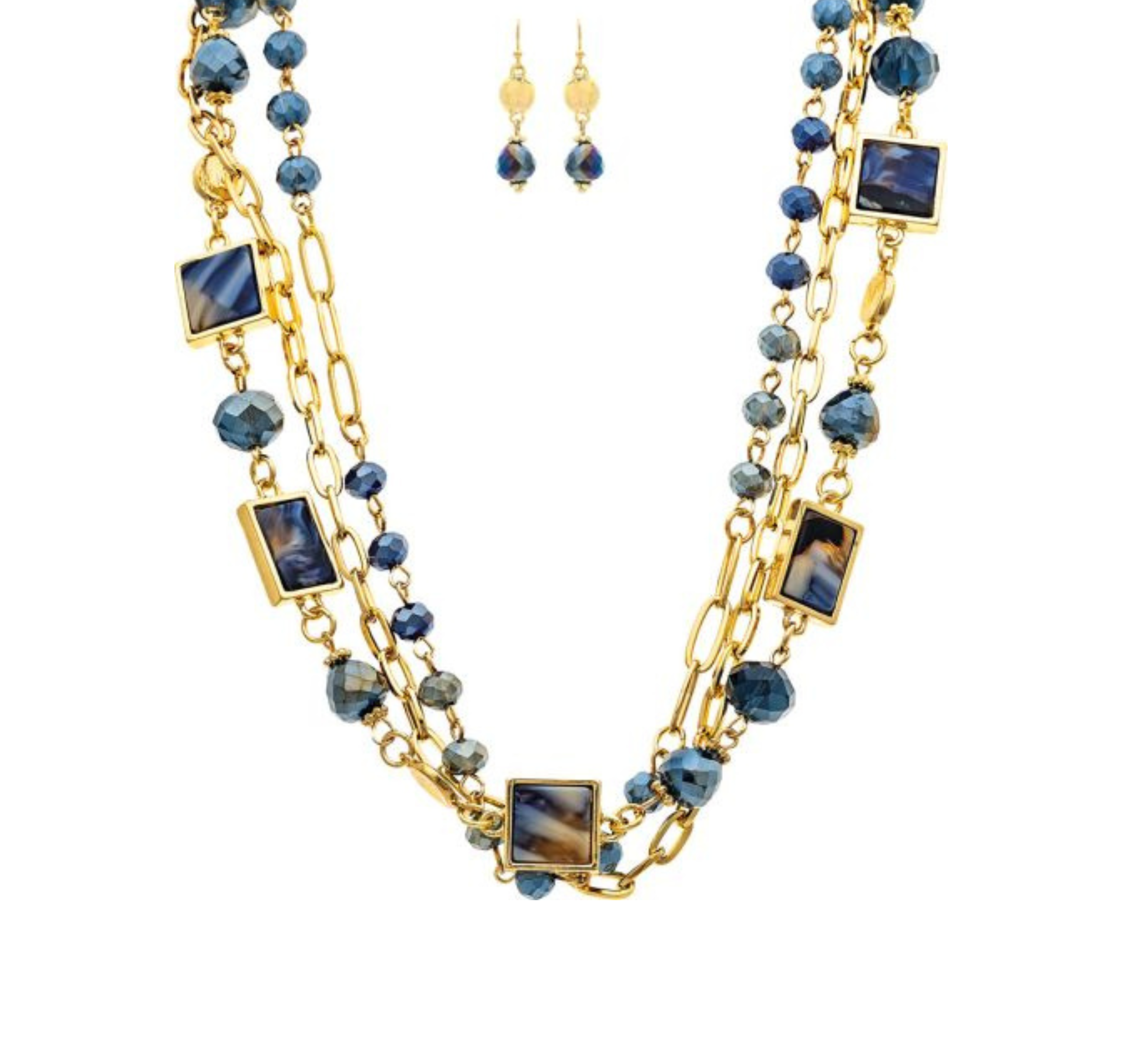 A-Train Gold Blue Glass & Acrylic Squares Link Necklace Set features a double-layered design with blue beads, gold accents, and matching drop earrings, elegantly displayed on a white background.
