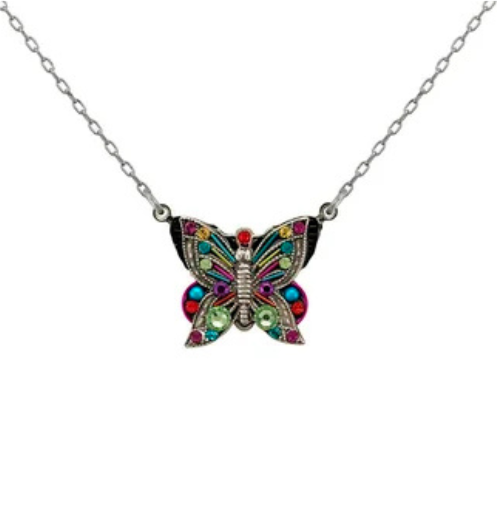 The Filigree Butterfly Multi-Color Necklace by Firefly Jewelry features a silver chain and a jeweled butterfly pendant adorned with vibrant red, pink, green, and blue accents—making this handmade Firefly piece a stunning and colorful addition to any outfit.