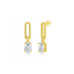 Classic of New York Gold Plated Paperclip w/Oval CZ Dangle Earrings feature a modern rectangular link design in 925 sterling silver, each with an oval clear cubic zirconia that hangs beautifully. Shown on a plain white background.