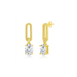 Classic of New York Gold Plated Paperclip w/Oval CZ Dangle Earrings feature a modern rectangular link design in 925 sterling silver, each with an oval clear cubic zirconia that hangs beautifully. Shown on a plain white background.