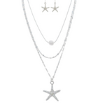 The A-Train Silver Freshwater Pearl Layer Chain Starfish Necklace Set features a three-layer necklace with a pearl and starfish pendants, plus matching silver starfish dangle earrings, all displayed on a white background.