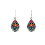 Introducing the Filigree Drop Multi-Color Earrings by Firefly—a stunning piece of fair trade handmade jewelry. These teardrop-shaped earrings feature intricate silver filigree detailing and showcase vibrant orange, pink, blue, and turquoise stones arranged in beautiful patterns, all hanging elegantly from simple hooks.