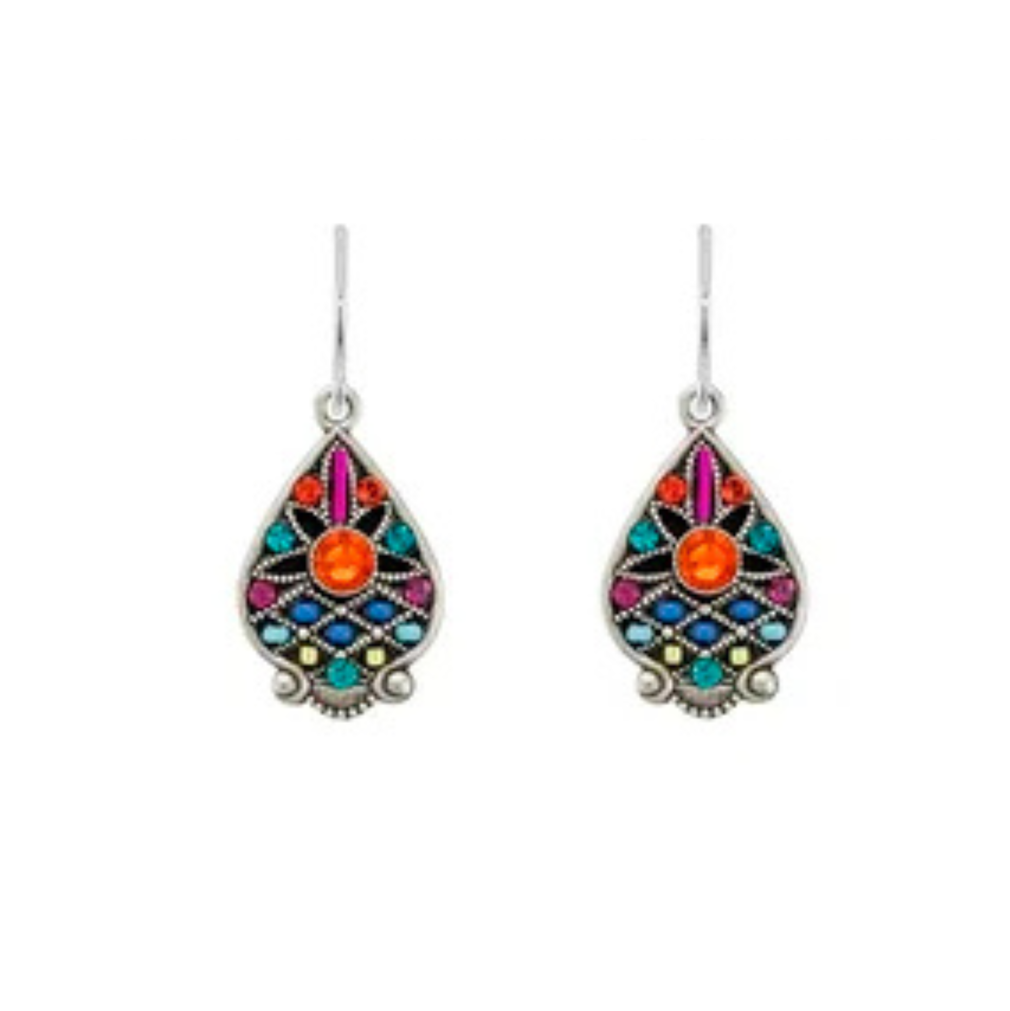 Introducing the Filigree Drop Multi-Color Earrings by Firefly—a stunning piece of fair trade handmade jewelry. These teardrop-shaped earrings feature intricate silver filigree detailing and showcase vibrant orange, pink, blue, and turquoise stones arranged in beautiful patterns, all hanging elegantly from simple hooks.
