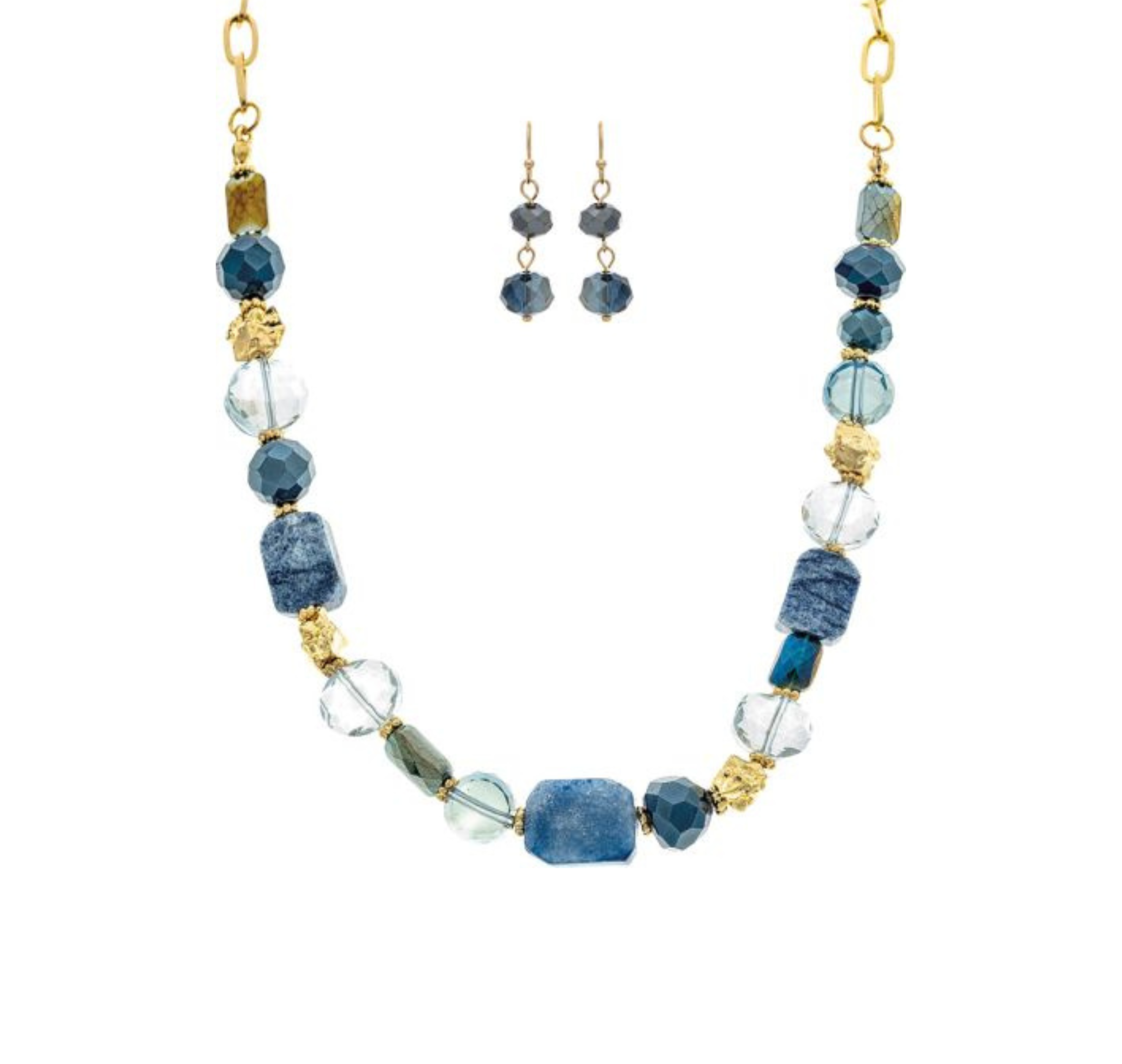 The A-Train Gold Blue Mixed Stone Glass Chain Necklace Set features a chic necklace with blue, gold, and clear beads and matching blue bead dangle earrings—perfect for elevating any outfit.
