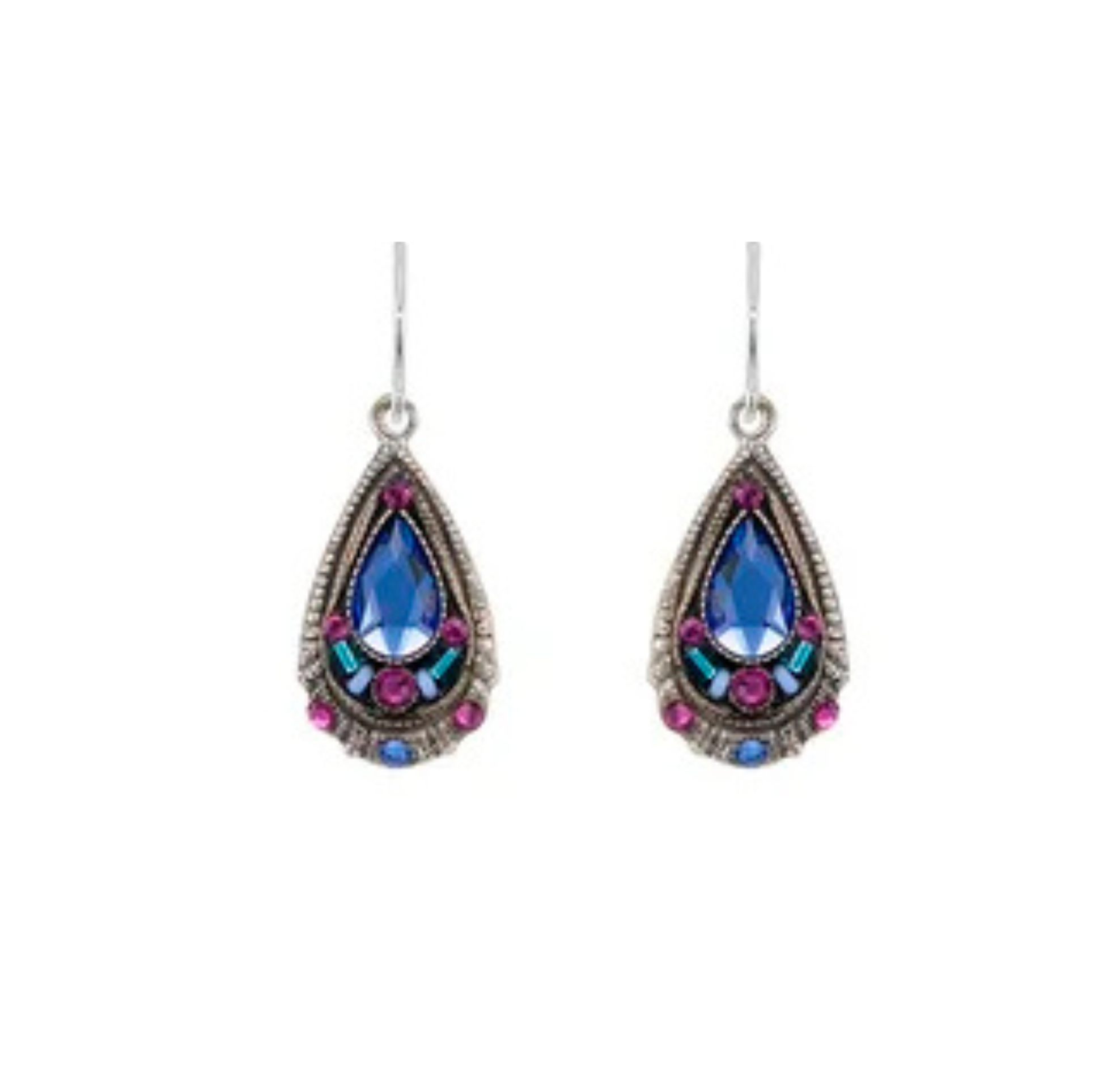 Presenting the Large Drop Sapphire Earrings by Firefly—these teardrop-shaped earrings showcase blue, pink, and green gemstones set in an intricately detailed silver frame. Handcrafted as a fair-trade piece from Firefly Jewelry, they feature a convenient hook design and blend elegant style with ethical craftsmanship.