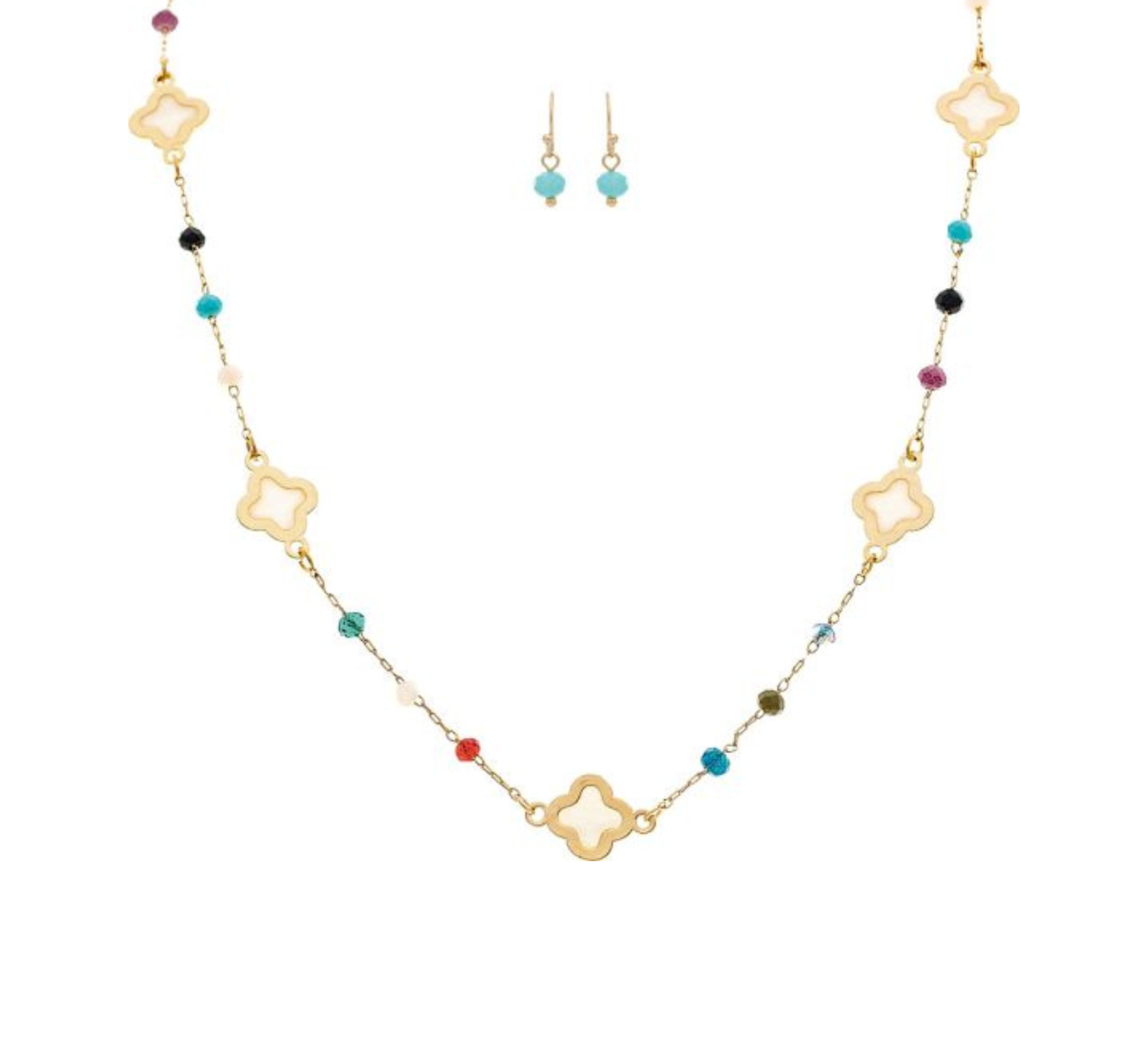The A-Train Gold Multicolor Bead & Inlay Clovers Necklace Set features a gold necklace with colorful beads and clover charms, paired with matching earrings of turquoise and gold beads, shown on a white background.