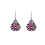 Introducing the Large Filigree Rose Earrings by Firefly—expertly handcrafted as fair-trade jewelry, these teardrop-shaped earrings feature intricate pink, green, and purple gemstone designs with decorative patterns and silver hooks.