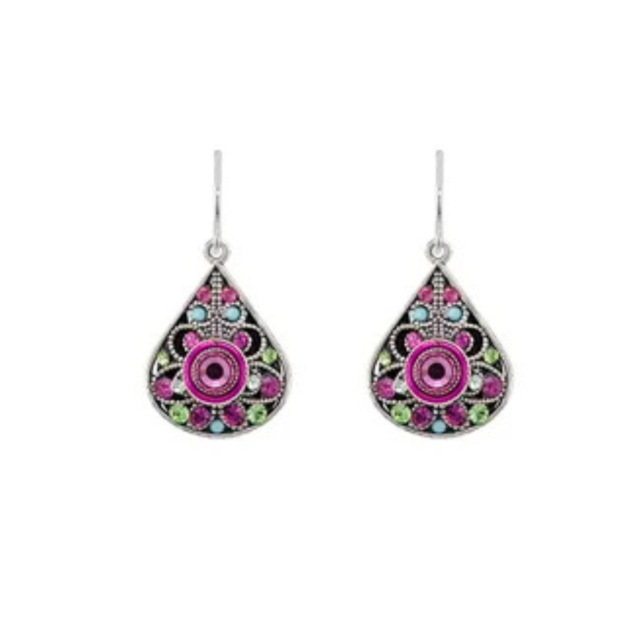 Introducing the Large Filigree Rose Earrings by Firefly—expertly handcrafted as fair-trade jewelry, these teardrop-shaped earrings feature intricate pink, green, and purple gemstone designs with decorative patterns and silver hooks.