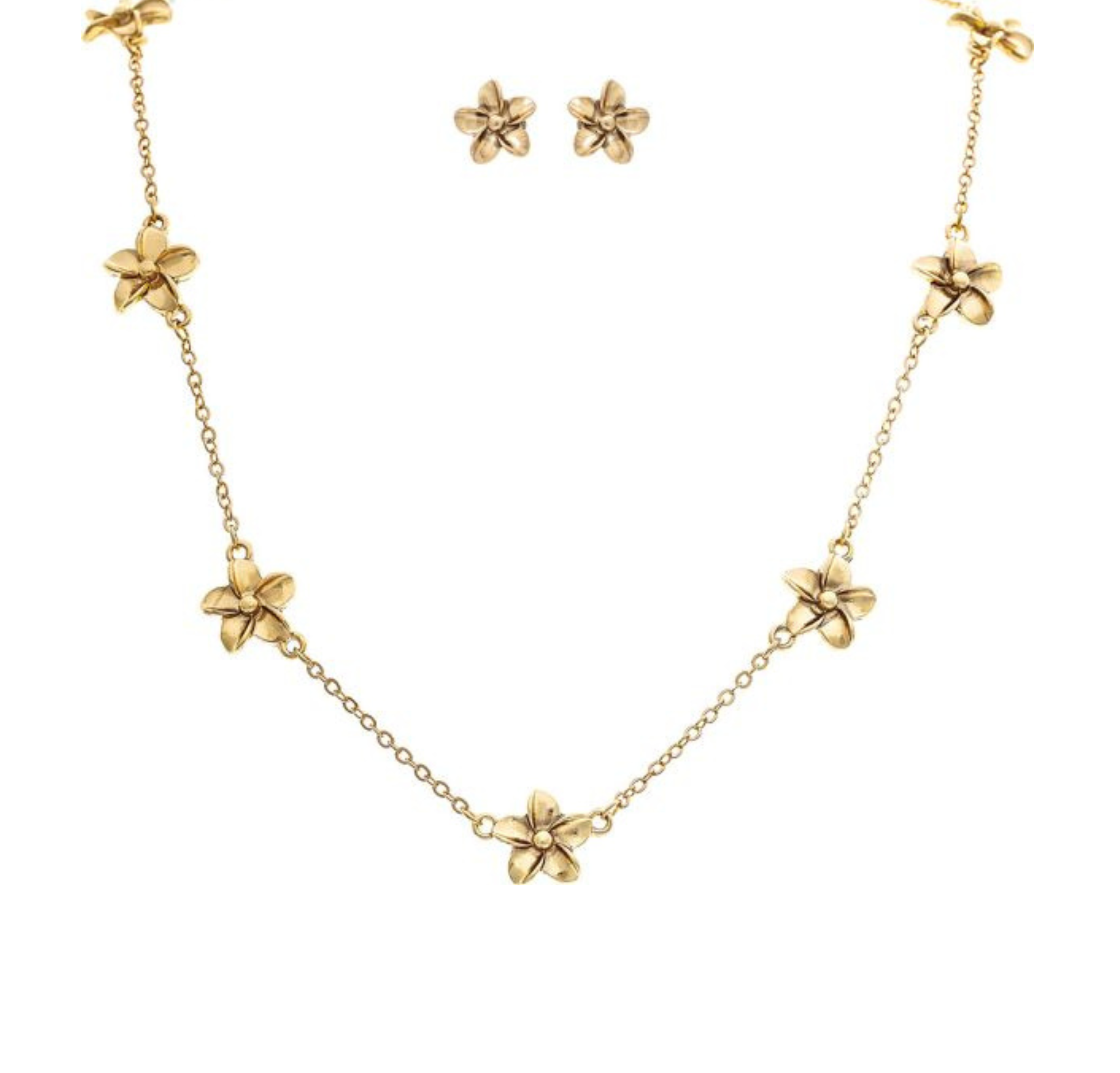 The A-Train Gold Tiny Flower Chain Necklace Set features a necklace with evenly spaced flower charms and matching gold flower stud earrings, crafted from mixed jewelers metals, shown on a white background—perfect for daily chic style.