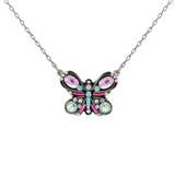 Moonlight Butterfly Soft Necklace- Firefly Jewelry by Firefly: This elegant silver chain necklace features a beautifully crafted butterfly pendant adorned with symmetrically arranged purple, green, and pink gems on the wings and body. Expertly handmade by fair trade artisans, it captures both sophistication and the exceptional craftsmanship of Firefly.