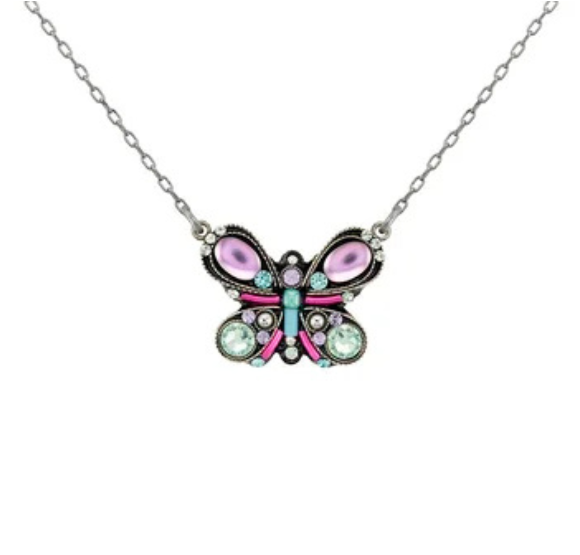 Moonlight Butterfly Soft Necklace- Firefly Jewelry by Firefly: This elegant silver chain necklace features a beautifully crafted butterfly pendant adorned with symmetrically arranged purple, green, and pink gems on the wings and body. Expertly handmade by fair trade artisans, it captures both sophistication and the exceptional craftsmanship of Firefly.