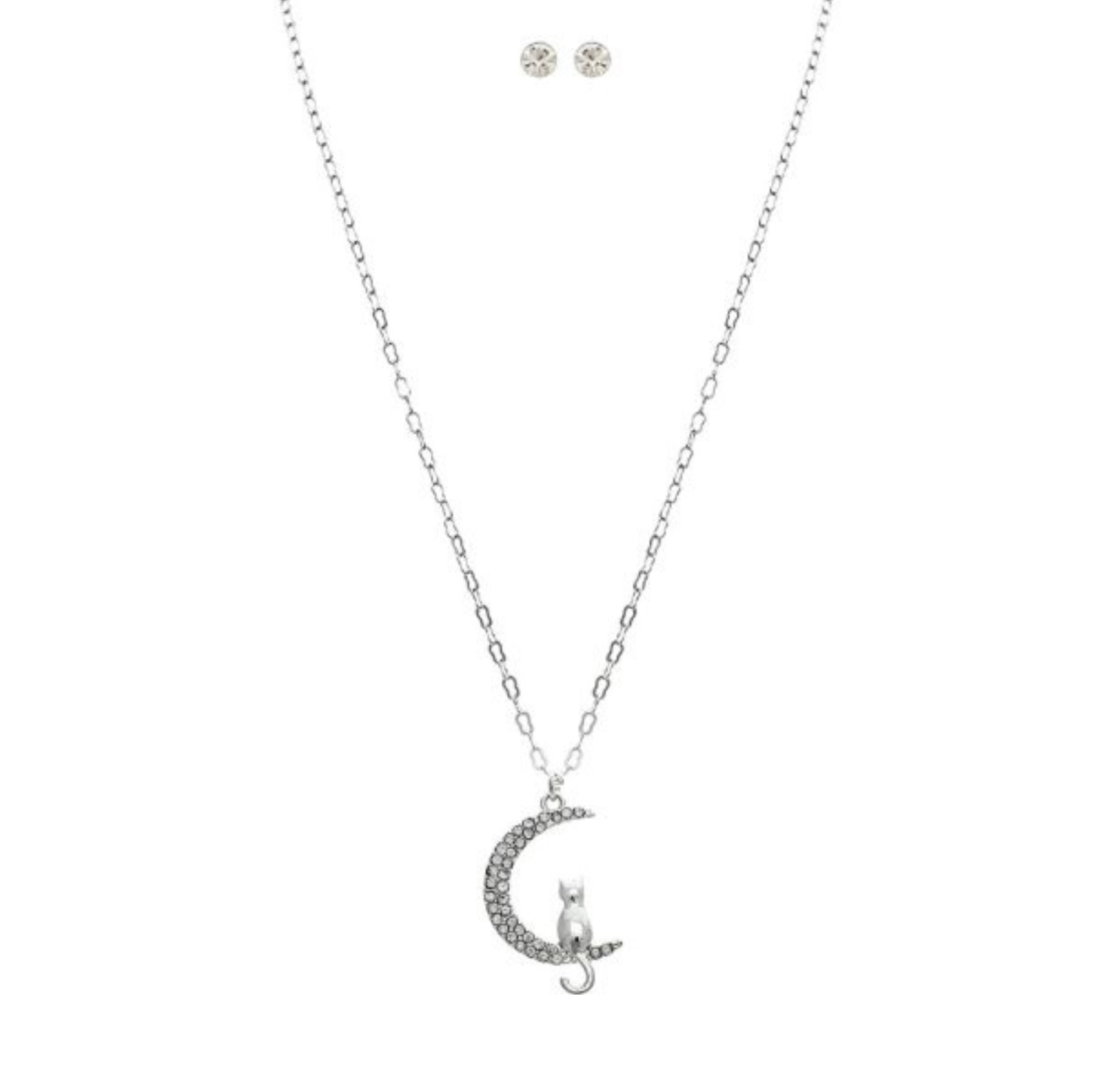 The A-Train Silver Cat in Crystal Crescent Moon Necklace Set features a playful cat on a crystal crescent moon with matching round stud earrings, beautifully displayed on a white background.