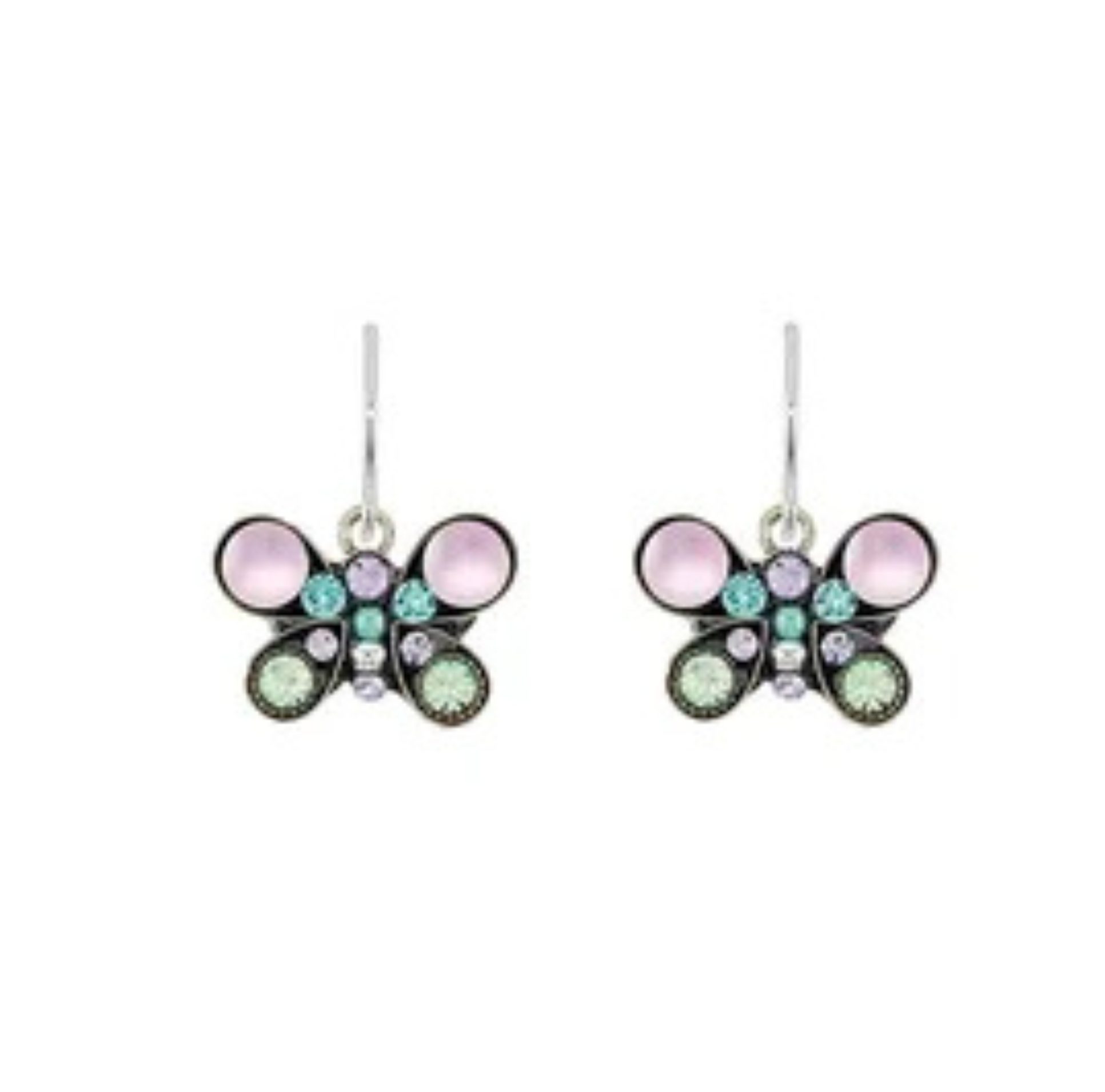 A pair of Moonlight Petite Butterfly Light Blue Earrings by Firefly, handcrafted in Guatemala and inspired by fair-trade designs, features light blue gemstones set in silver-tone metal. These handmade earrings are beautifully displayed on a white background.