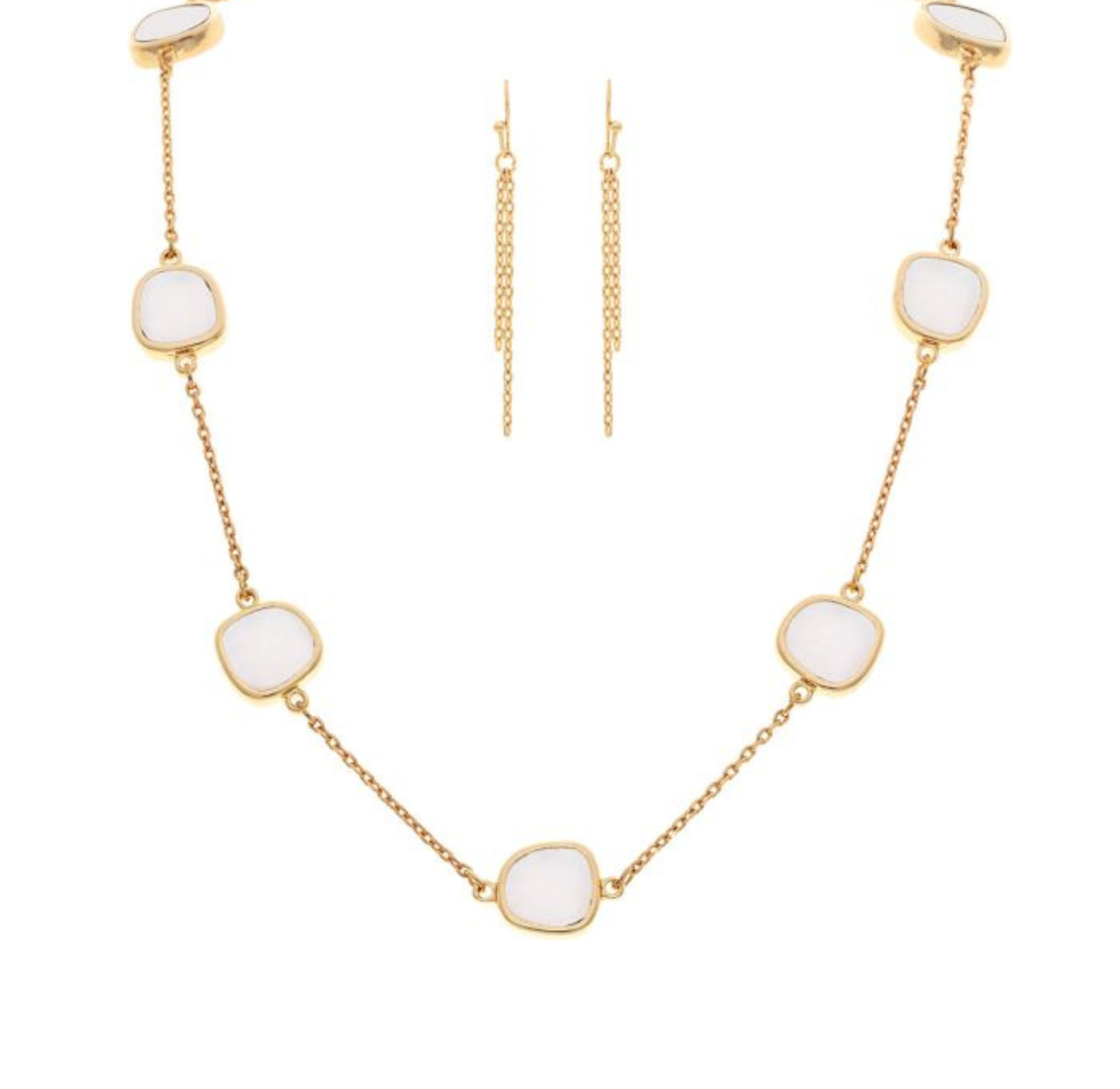 A-Train’s Gold White Square Stations Chain Necklace Set features cushion-cut gemstones and matching gold drop earrings with delicate chains, offering a refined, modern minimalist look.