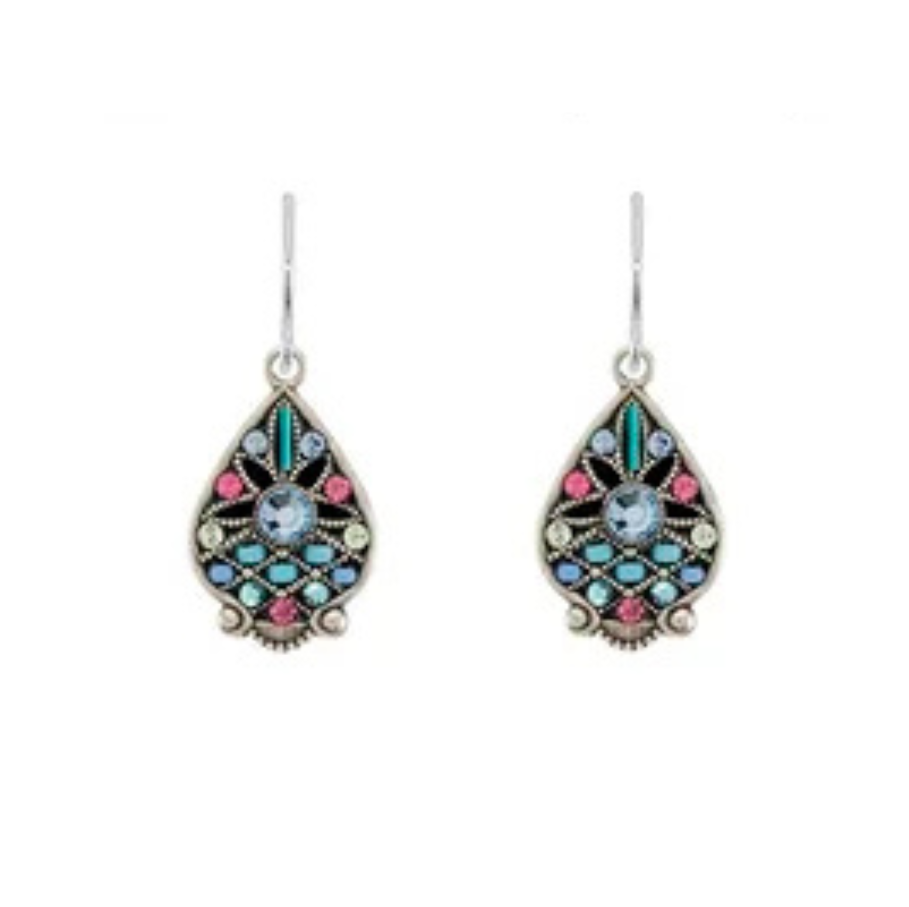 Elevate your look with the Filigree Drop Light Blue Earrings from Firefly Jewelry. These stunning handmade earrings by Firefly feature elegant teardrop shapes adorned with intricate filigree designs in shades of blue, pink, white, and black. Each earring is embellished with delicate gemstones and showcases a central light blue stone, adding a touch of sophistication to any outfit.
