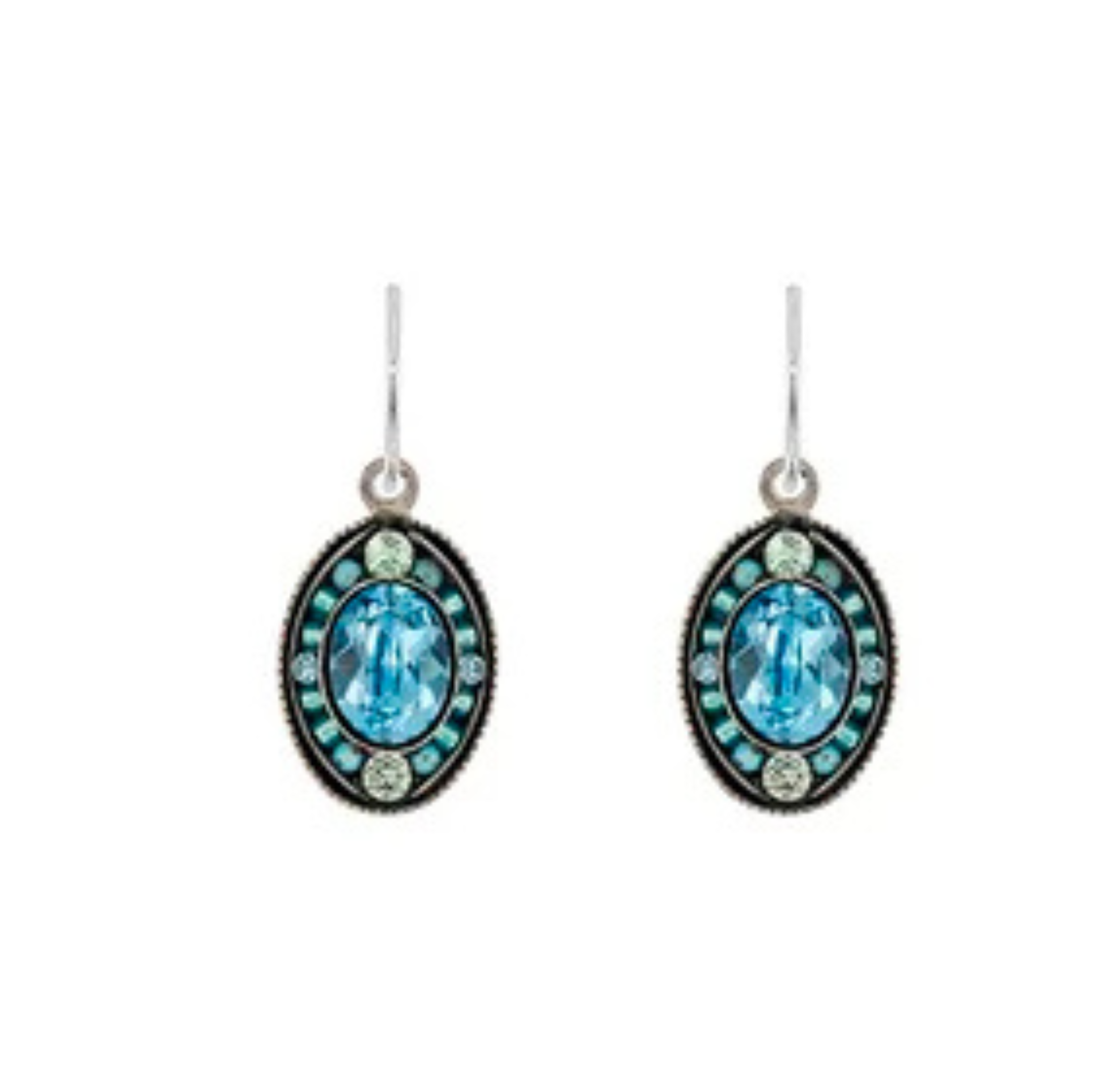 Explore our Firefly Mosaic Oval Earrings Aqua—handmade by Firefly Jewelry, these silver earrings feature oval aqua gemstones at the center, accented by delicate blue and green stones in an ornate, vintage-style design. Expertly crafted for artisanal charm and timeless elegance, they make a stunning addition to any jewelry collection.