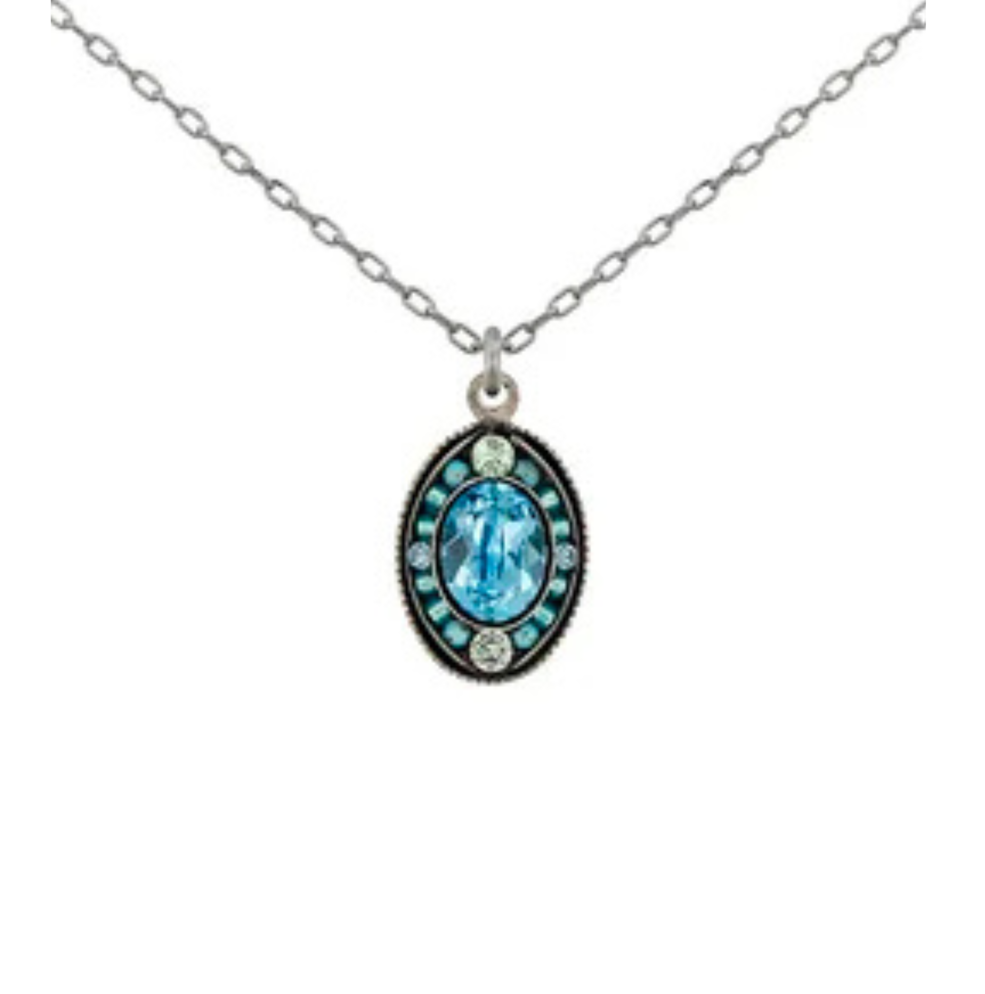 The Single Mosaic Oval Pendant Aqua Necklace by Firefly showcases an oval-shaped blue gemstone adorned with smaller light blue stones and a decorative border—an exquisite piece from Firefly’s jewelry collection.