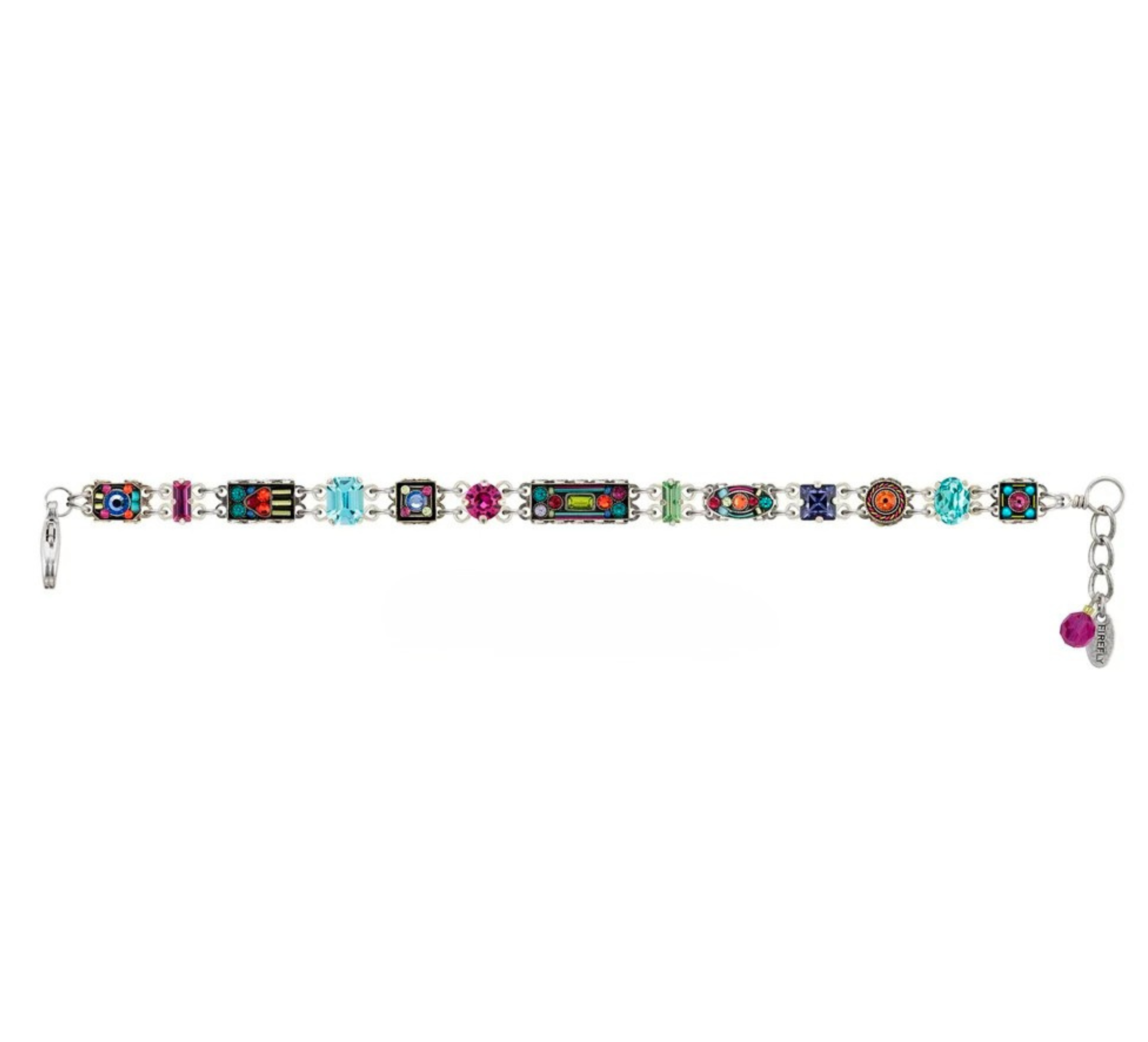 Introducing the Architectural Skinny w/ Rectangles Multi-Color Bracelet from Firefly—a vibrant fair-trade artisan piece expertly handcrafted in Guatemala. This unique bracelet features rectangular and square beads in an array of lively colors and detailed patterns, each intricately designed and joined with silver links. Finished with a small purple charm, every bracelet is inspired by bold architectural lines, showcasing the exceptional craftsmanship of Firefly Jewelry.