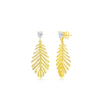 Classic of New York Gold Plated Leaf Cut Out w/CZ Post Dangle Earrings feature leaf-shaped pendants hanging from round cubic zirconia posts, shown on a white background.