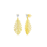 Classic of New York Gold Plated Leaf Cut Out w/CZ Post Dangle Earrings feature leaf-shaped pendants hanging from round cubic zirconia posts, shown on a white background.