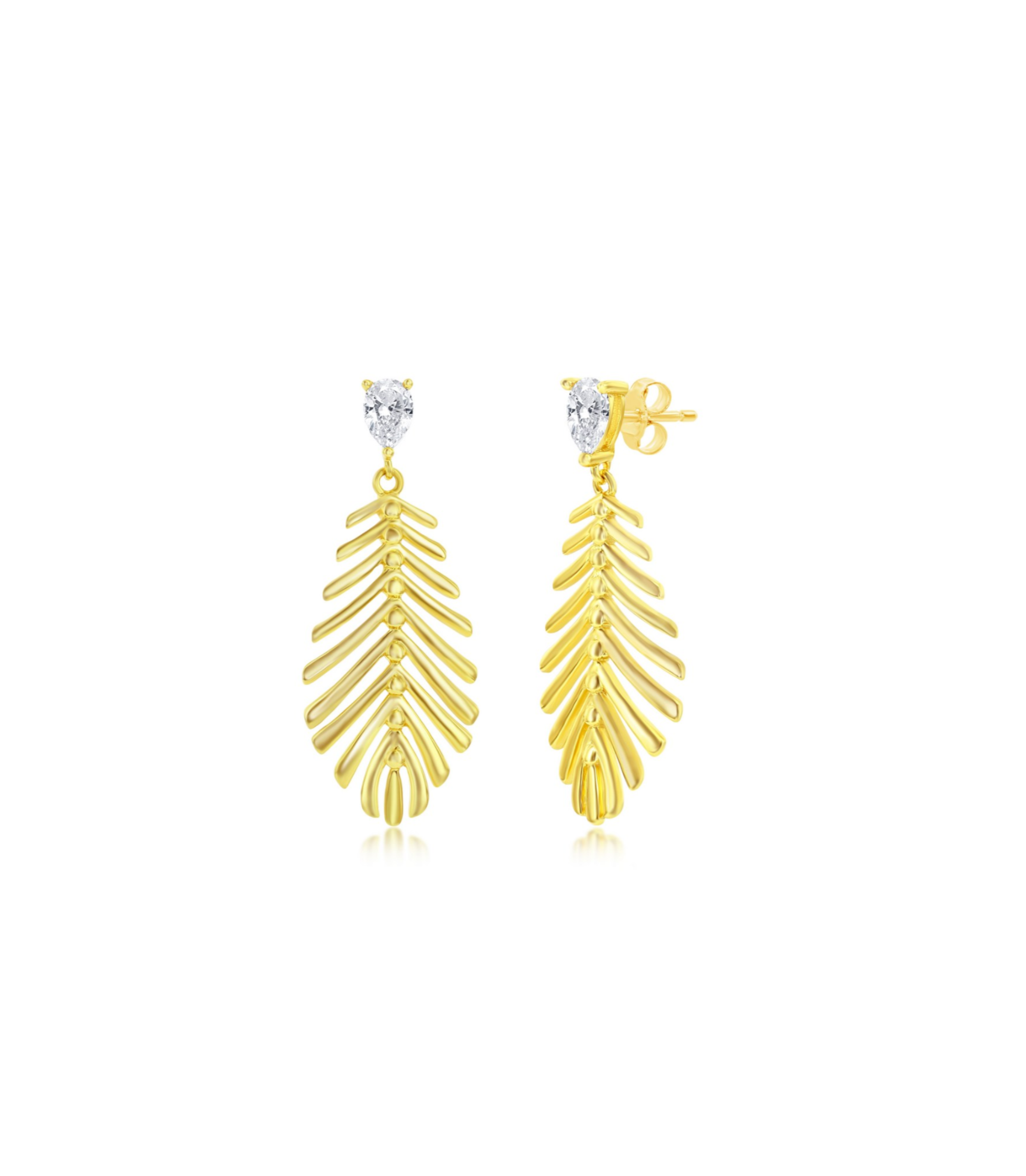 Classic of New York Gold Plated Leaf Cut Out w/CZ Post Dangle Earrings feature leaf-shaped pendants hanging from round cubic zirconia posts, shown on a white background.