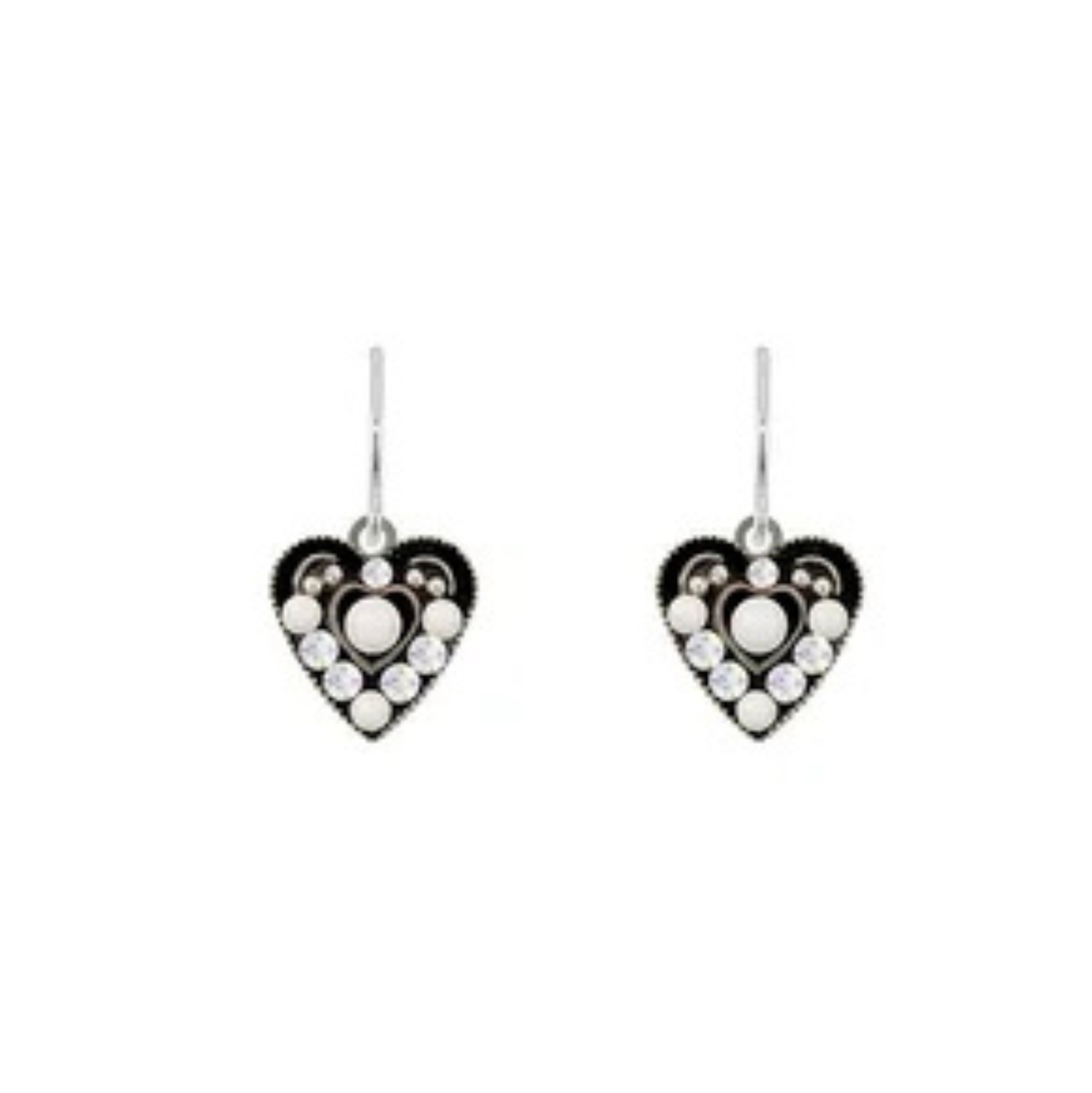 Introducing the Small Glass Pearl Heart White Earrings by Firefly—a stunning pair of fair-trade, handmade earrings showcasing heart-shaped designs with black centers, delicately surrounded by sparkling crystals and tiny glass pearls. Finished with easy-to-wear hooks, these elegant Firefly earrings embody both ethical craftsmanship and timeless style in every detail.