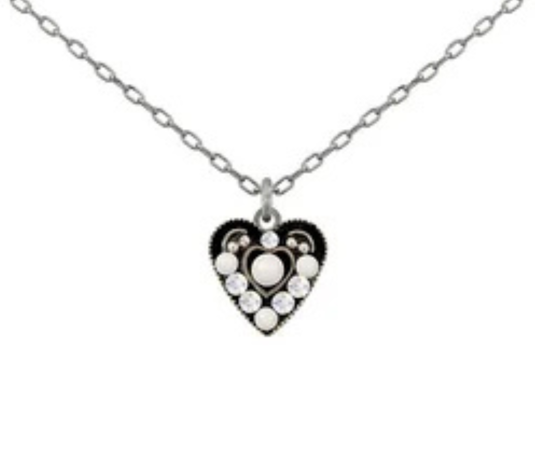 The Small Glass Pearl Heart Pendant White Necklace by Firefly features a silver chain and a heart-shaped pendant adorned with small white and clear stones in a circular pattern. This handmade piece from Firefly Jewelry exudes delicate charm and adds elegance to any look.