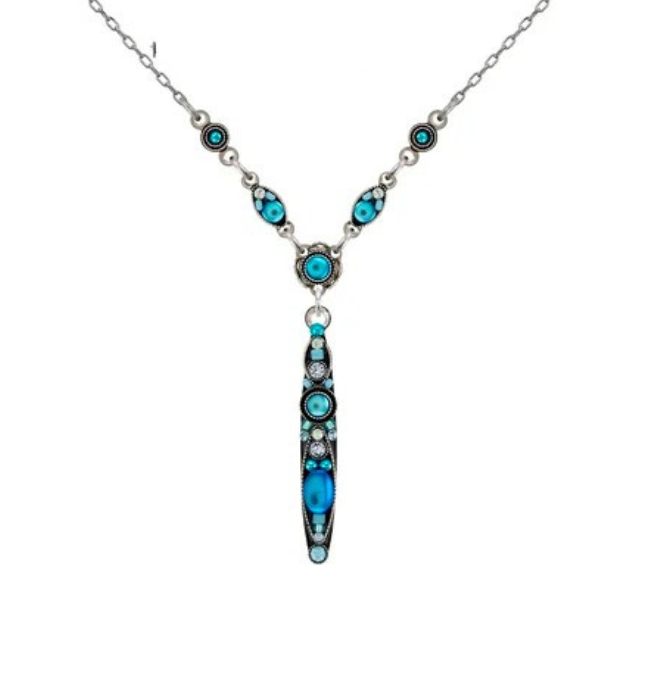 The Moonlight Linear Y Necklace Light Blue by Firefly features a central vertical pendant adorned with small round blue stones and intricate turquoise and blue bead accents along the chain. This beautiful necklace is handmade in Guatemala by Firefly.