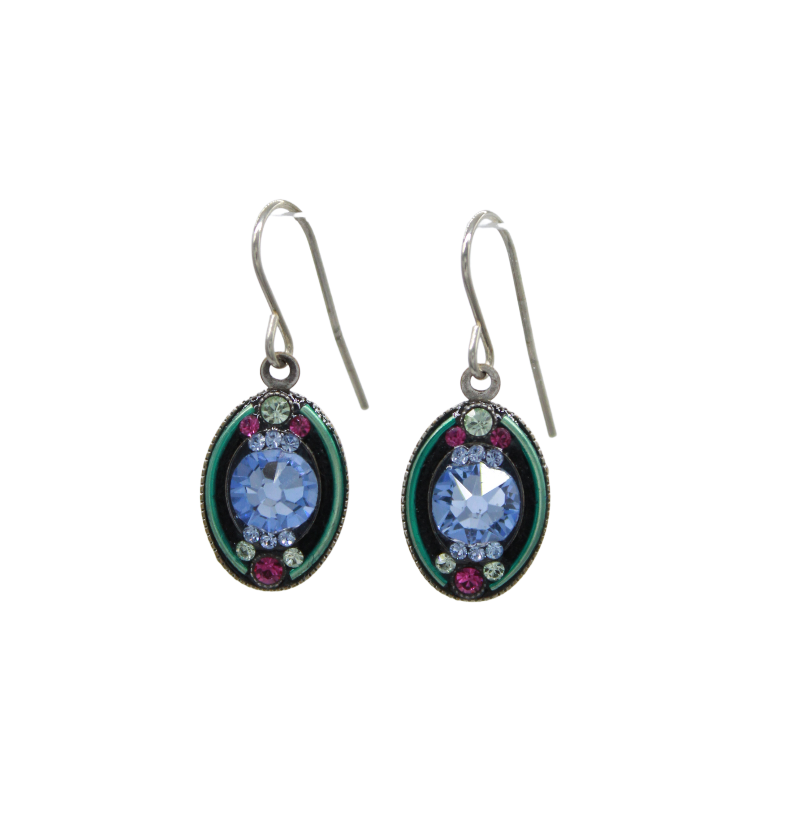 Introducing the La Dolce Vita Oval Light Blue Earrings by Firefly, featuring fair-trade blue gemstones accented with green, pink, and white stones in a dark metal frame and finished with hook clasps.