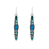 A pair of long, silver earrings featuring oval and round blue and turquoise gemstones arranged vertically in a detailed, artistic pattern. Handmade by Firefly, these fair-trade Moonlight Linear Dangle Light Blue Earrings offer an artisanal touch of elegance, perfect for any occasion.