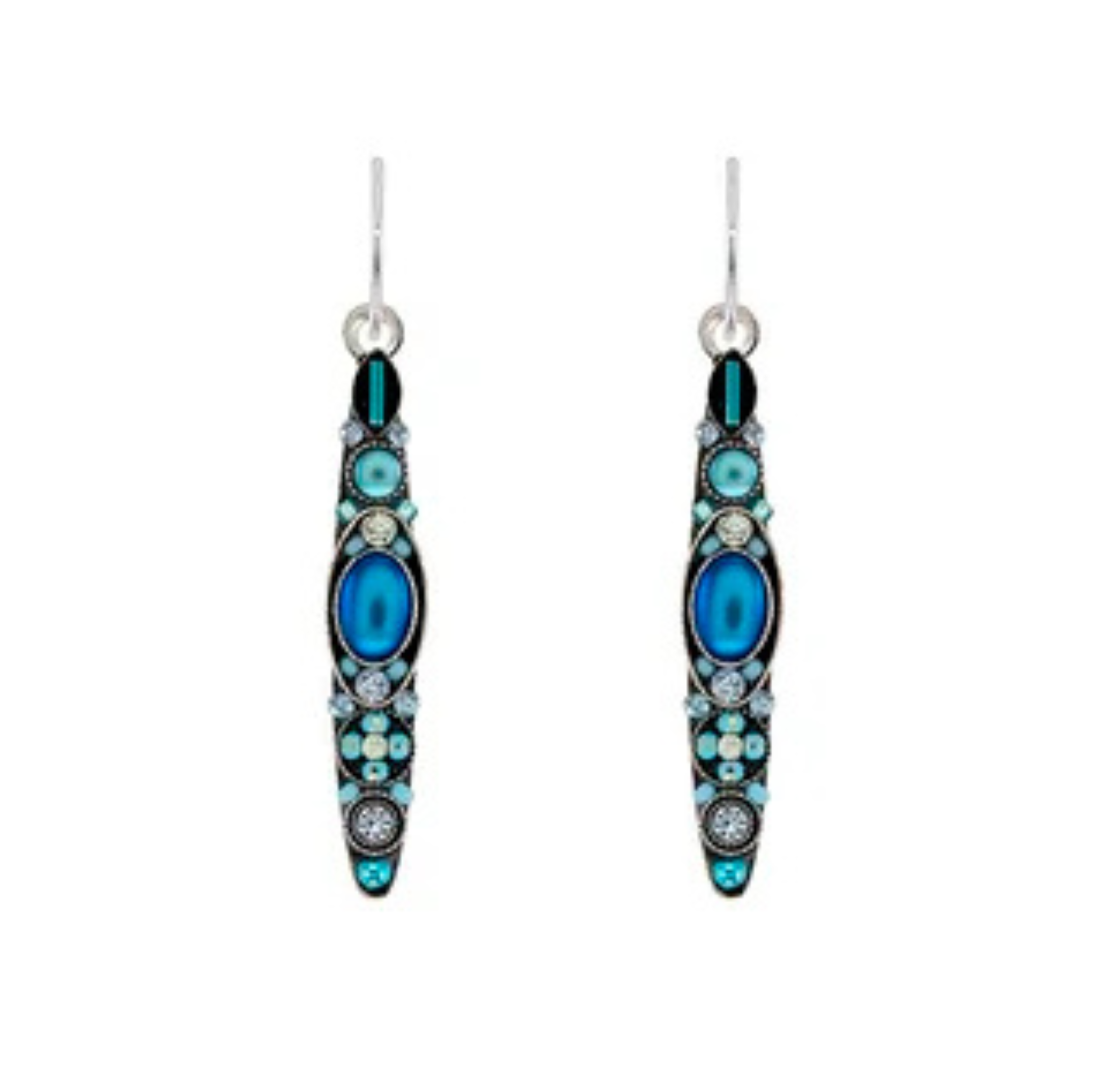 A pair of long, silver earrings featuring oval and round blue and turquoise gemstones arranged vertically in a detailed, artistic pattern. Handmade by Firefly, these fair-trade Moonlight Linear Dangle Light Blue Earrings offer an artisanal touch of elegance, perfect for any occasion.