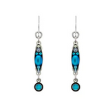 Moonlight Linear Two Tier Long Dangle Light Blue Earrings from Firefly feature a pair of silver hook earrings adorned with elongated oval turquoise beads, small blue crystals, and a round turquoise bead dangling at the bottom. These handmade fair-trade earrings by Firefly showcase artisan craftsmanship, bringing vibrant color and elegance to any look.