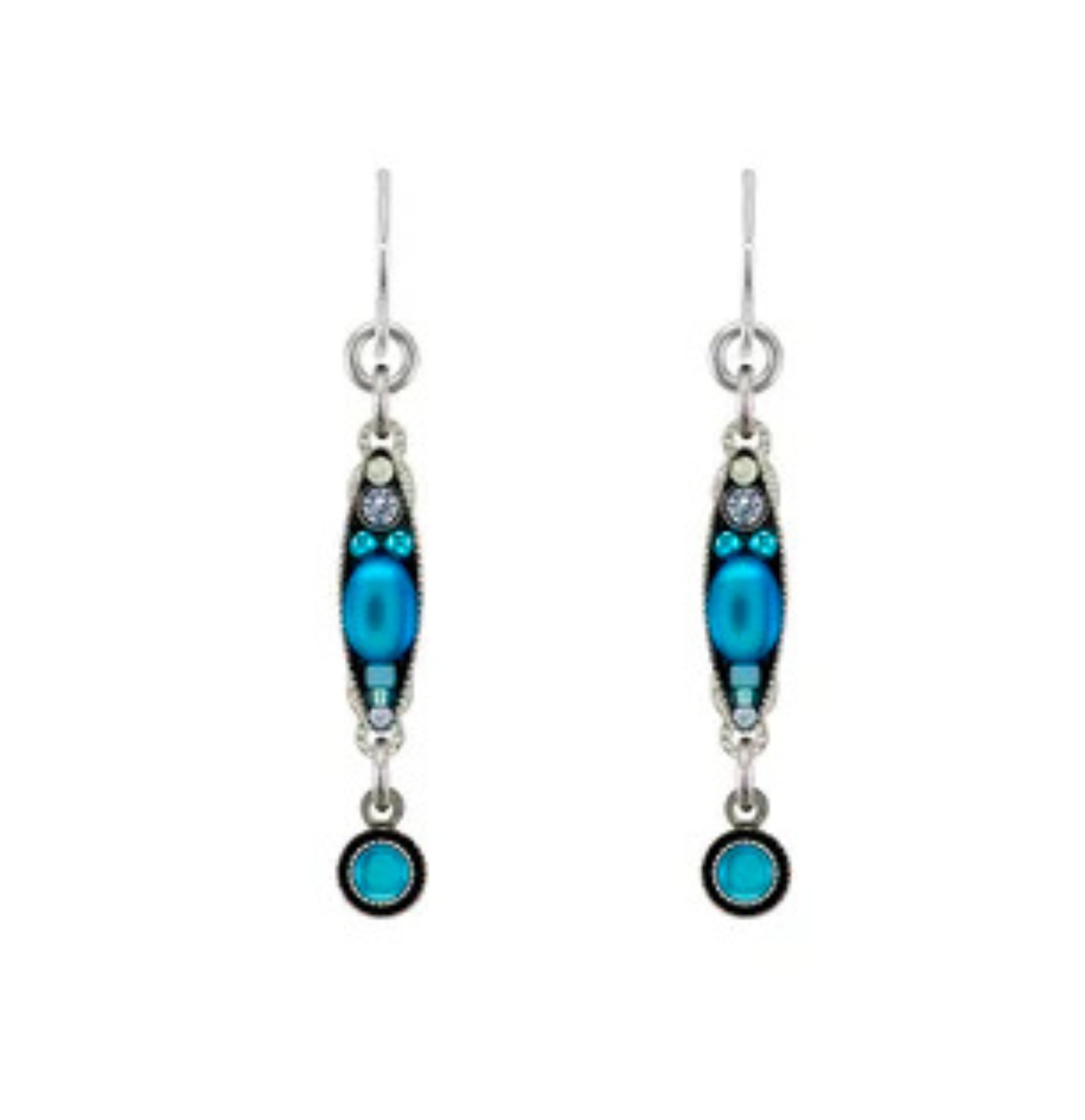 Moonlight Linear Two Tier Long Dangle Light Blue Earrings from Firefly feature a pair of silver hook earrings adorned with elongated oval turquoise beads, small blue crystals, and a round turquoise bead dangling at the bottom. These handmade fair-trade earrings by Firefly showcase artisan craftsmanship, bringing vibrant color and elegance to any look.