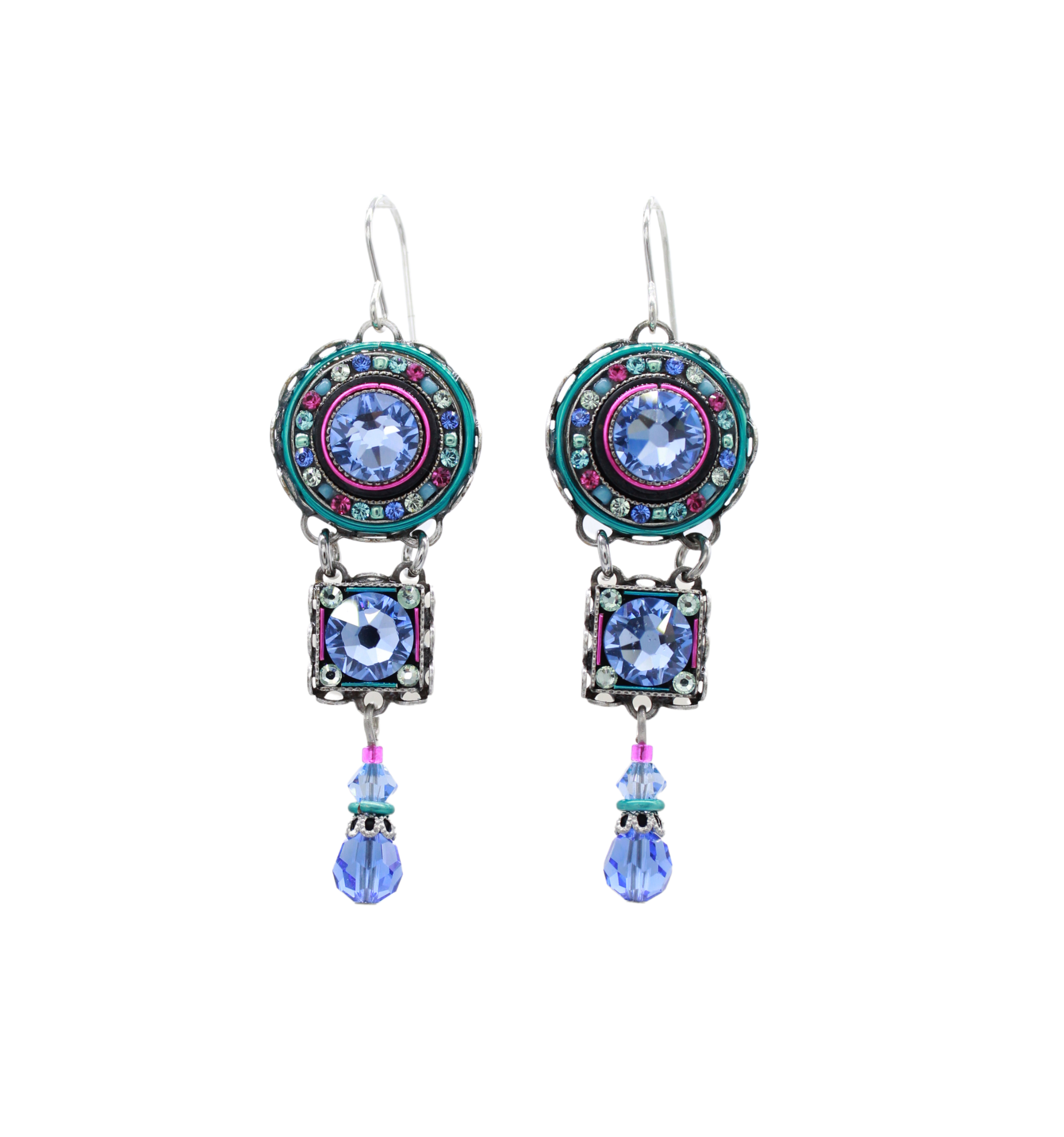 The La Dolce Vita 3 Tier Light Blue Earrings by Firefly are handmade dangle earrings featuring light blue, purple, and turquoise stones, accented with pink details—perfect for those who love unique Firefly jewelry.