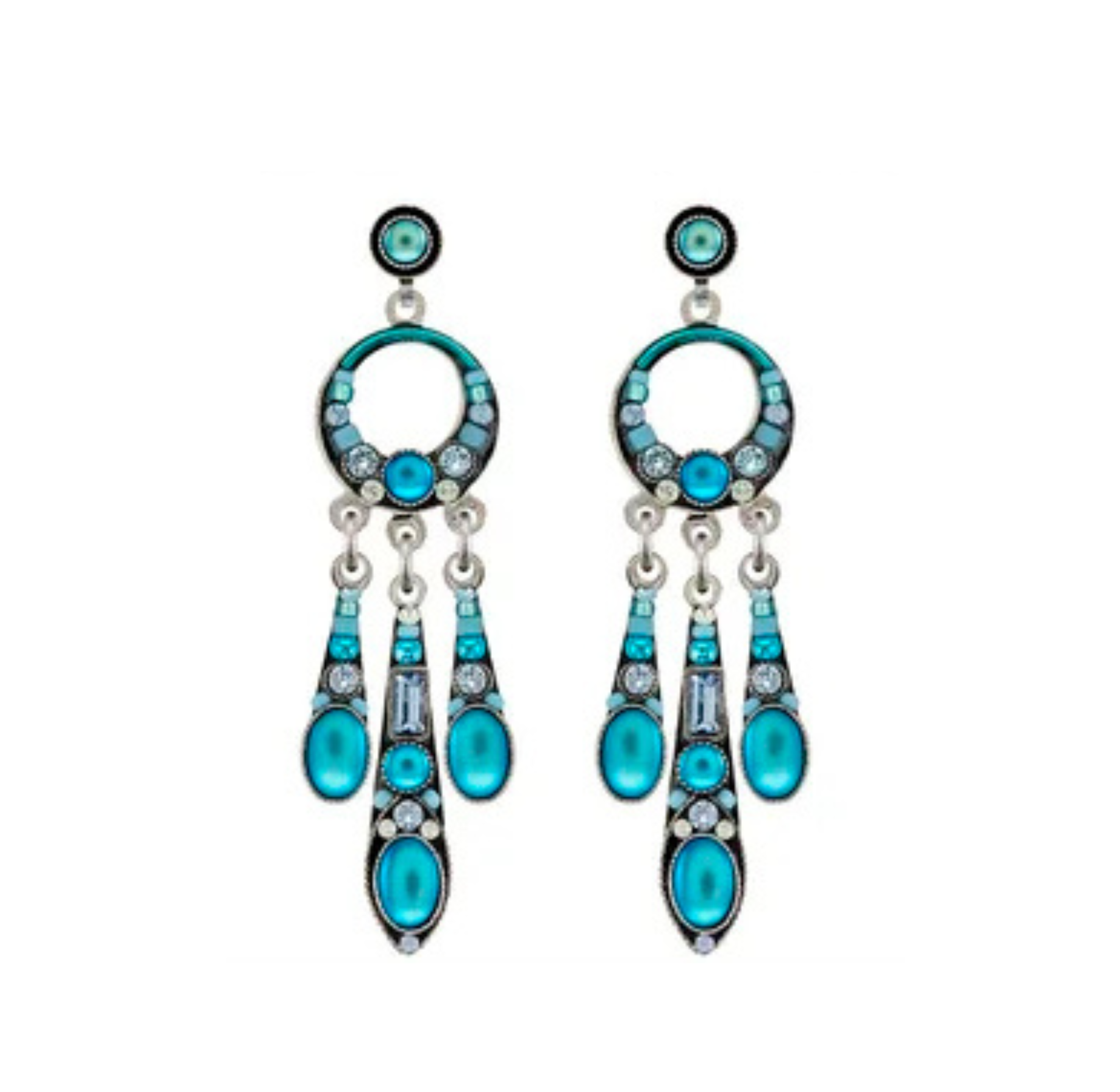 Introducing the Moonlight Waterfall Hoop w/Post Light Blue Earrings by Firefly. These elegant chandelier earrings feature a stunning array of light blue and turquoise gemstones in both circular and teardrop shapes, expertly set in silver-toned metal. Each handcrafted piece boasts three gracefully dangling sections that capture the artistry and fluid movement characteristic of Firefly Jewelry’s Moonlight Waterfall collection.