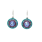 The La Dolce Vita Round Light Blue Earrings by Firefly feature a central light blue gem, surrounded by pink, blue, and green stones on turquoise with silver hooks. Handmade and fair trade, these earrings add vibrant charm to any look.