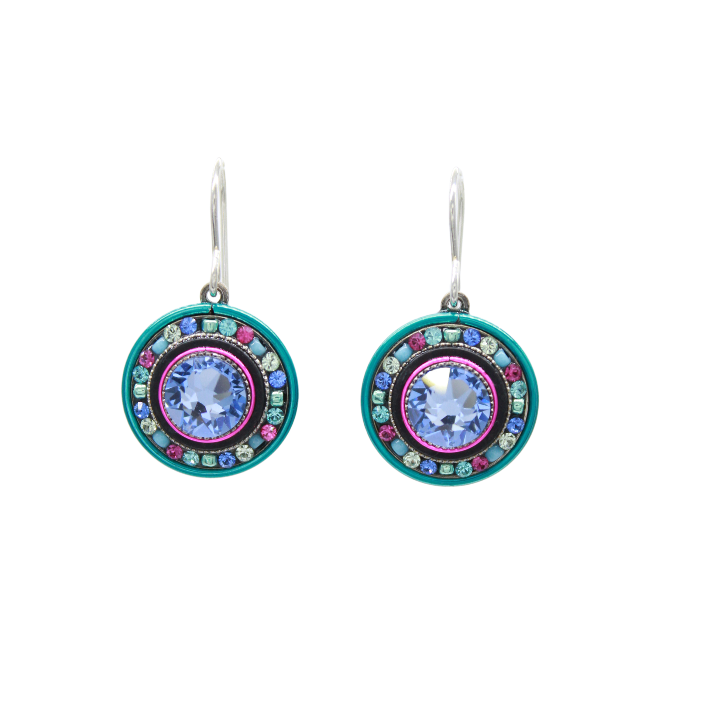 The La Dolce Vita Round Light Blue Earrings by Firefly feature a central light blue gem, surrounded by pink, blue, and green stones on turquoise with silver hooks. Handmade and fair trade, these earrings add vibrant charm to any look.