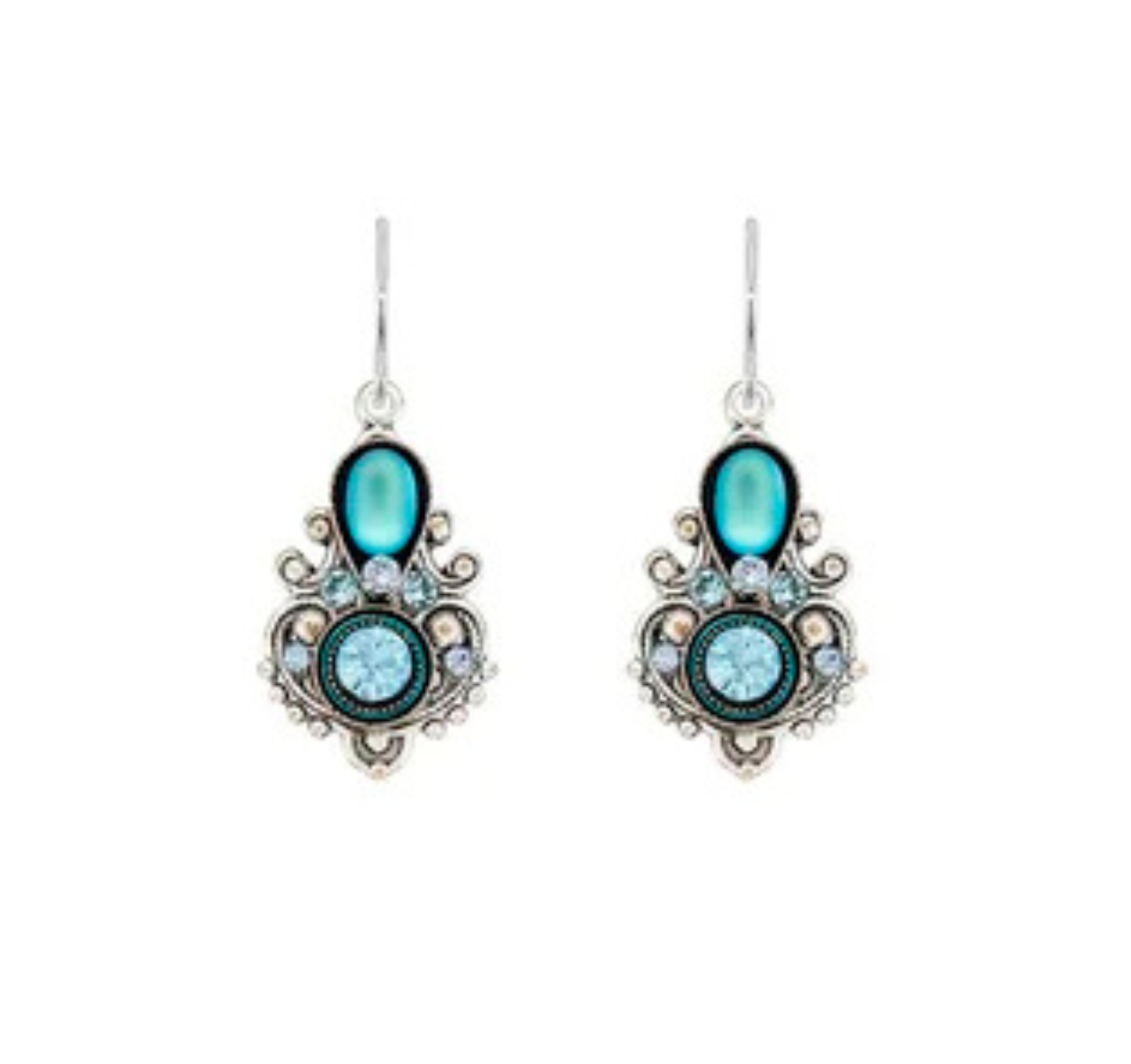 A pair of ornate silver earrings featuring light blue oval and round gemstones, intricate scrollwork, and dangling hooks are displayed on a white background. These Moonlight Exclamation Point Fancy Light Blue Earrings by Firefly Jewelry highlight the brand’s artistry and handcrafted appeal from Guatemala, making a unique addition to any jewelry collection.