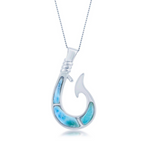 The Classic of New York Larimar Inlay Fish Hook Necklace (w/Chain) features blue and turquoise inlaid accents on a sterling silver fish hook pendant, shown on a fine chain against a white background.