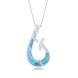 The Classic of New York Larimar Inlay Fish Hook Necklace (w/Chain) features blue and turquoise inlaid accents on a sterling silver fish hook pendant, shown on a fine chain against a white background.
