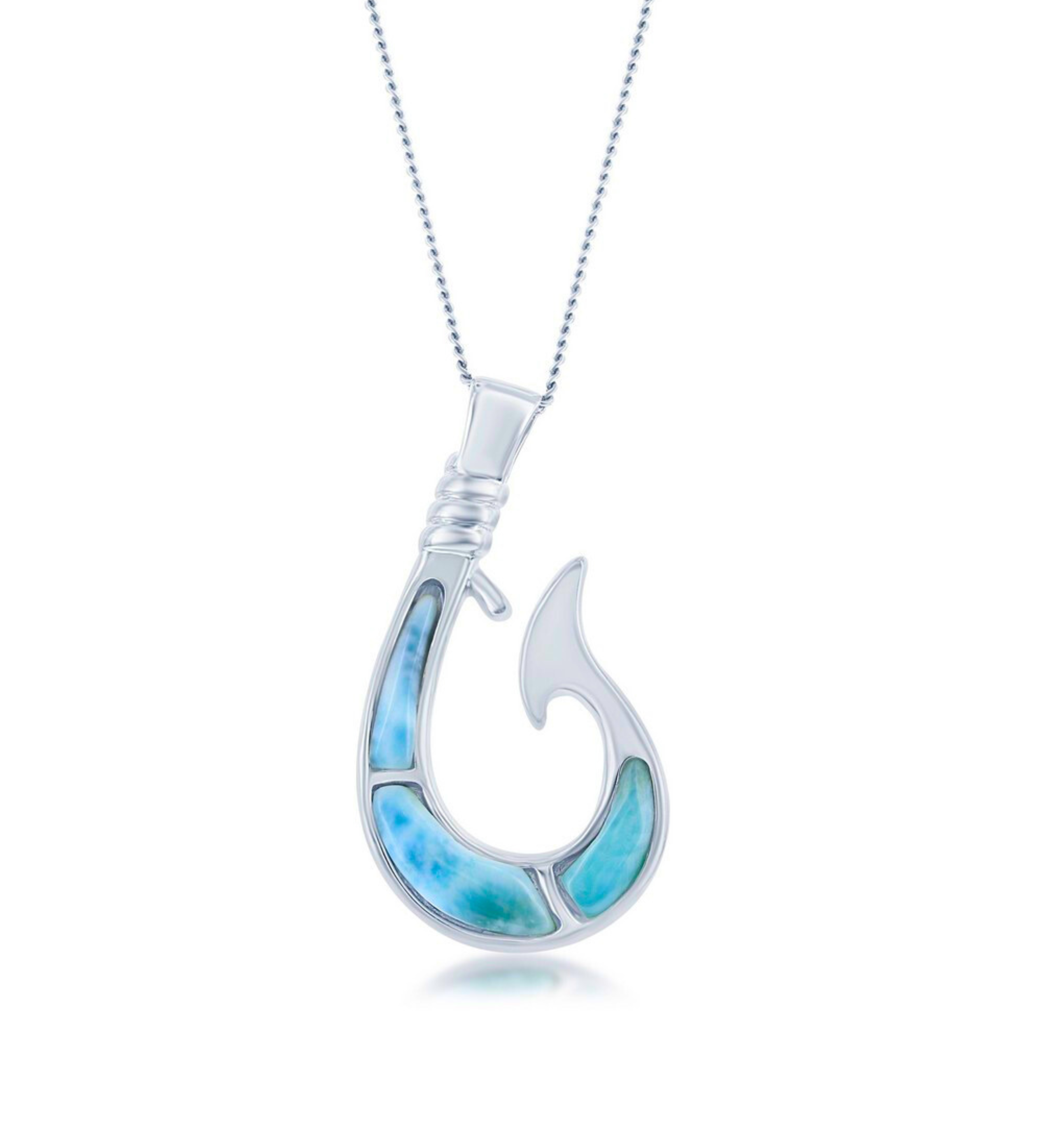 The Classic of New York Larimar Inlay Fish Hook Necklace (w/Chain) features blue and turquoise inlaid accents on a sterling silver fish hook pendant, shown on a fine chain against a white background.